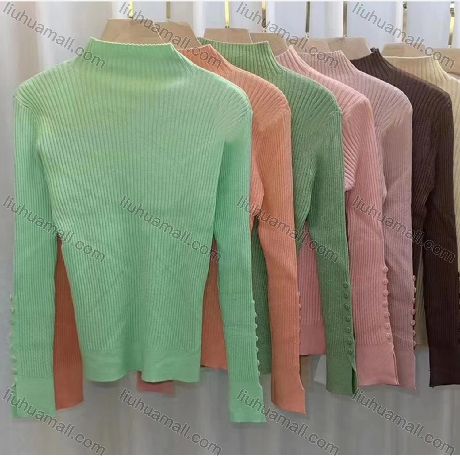 Wholesale Women's Casual Long Sleeve Mock Neck Button Plain Sweater - Liuhuamall