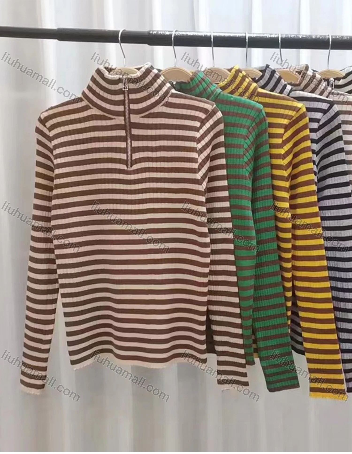 Wholesale Women's Casual High Neck Long Sleeve Quarter Zipper Striped Knit Tops - Liuhuamall