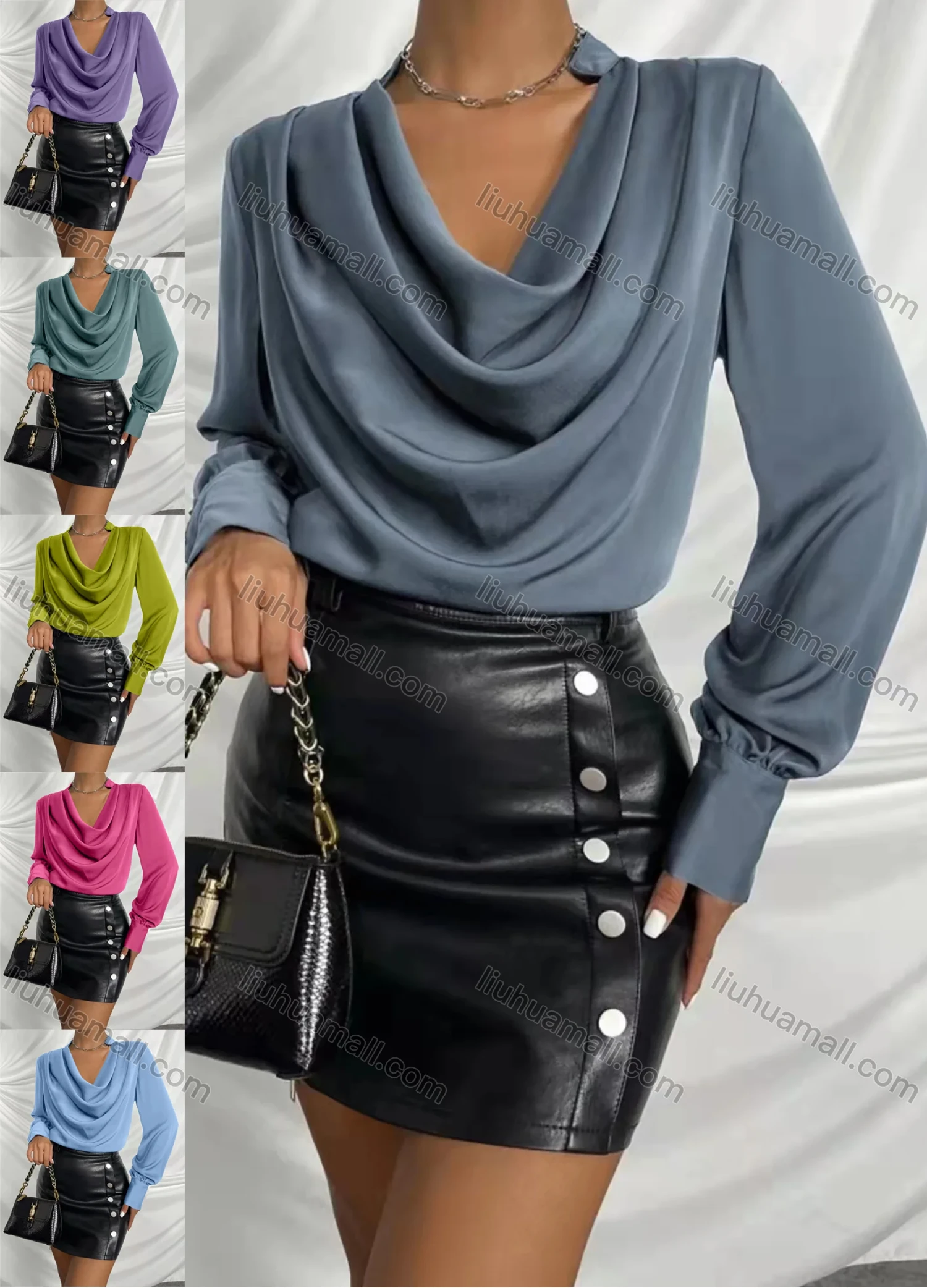 Wholesale Women's Elegant Cowl Neck Lantern Sleeve Plain Blouse AY061# - Liuhuamall