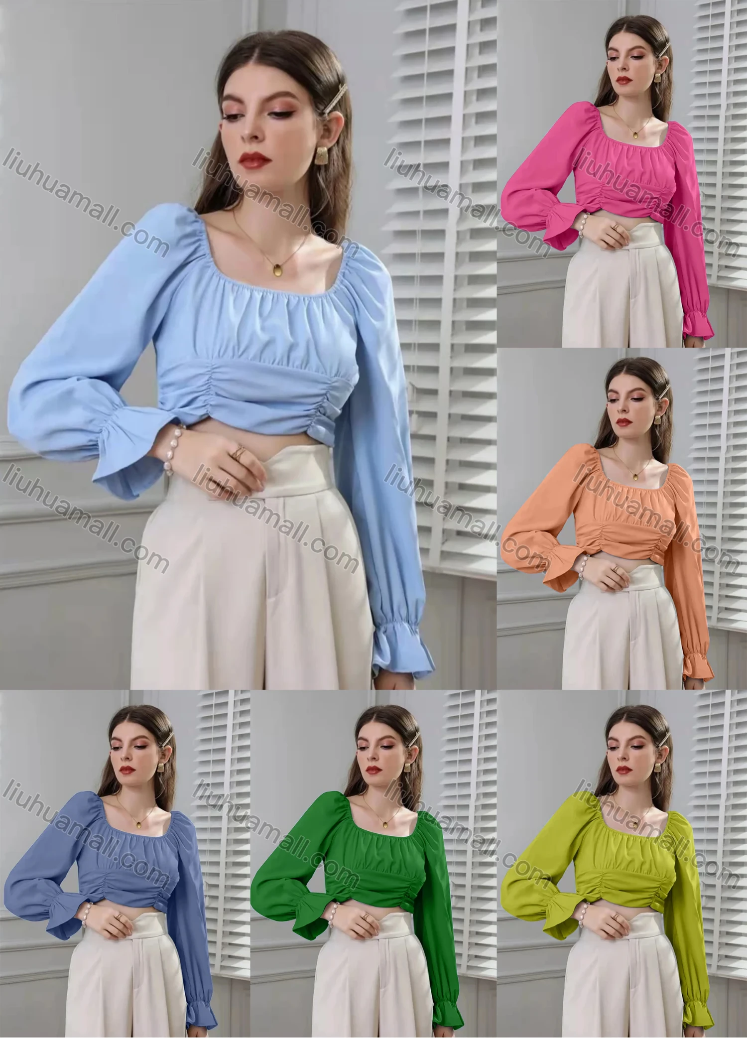 Wholesale Women's Square Neck Poet Sleeve Ruched Plain Crop Blouse AY062# - Liuhuamall