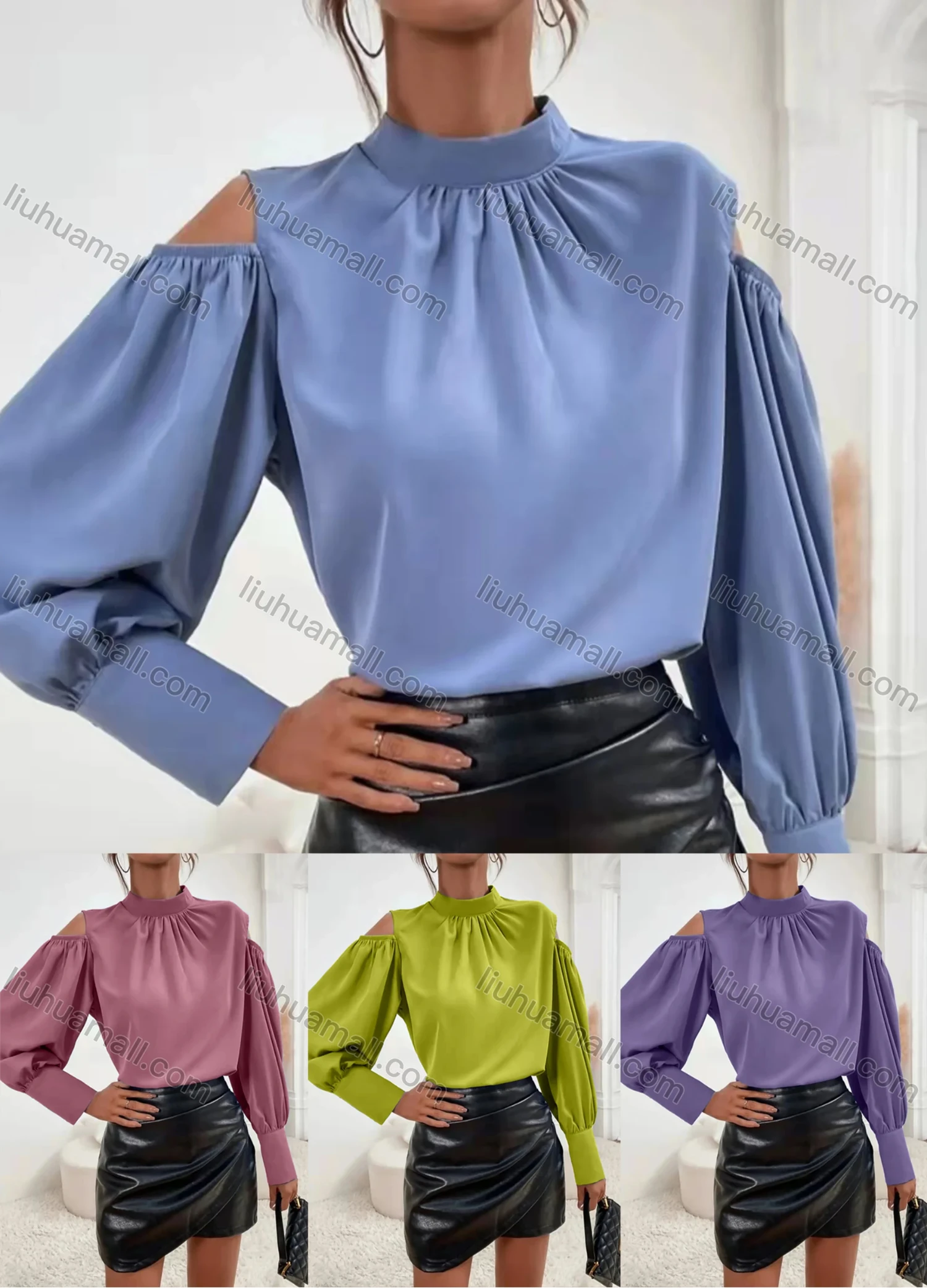 Wholesale Women's Elegant Mock Neck Cold Shoulder Ruched Keyhole Back Plain Blouse AY063# - Liuhuamall