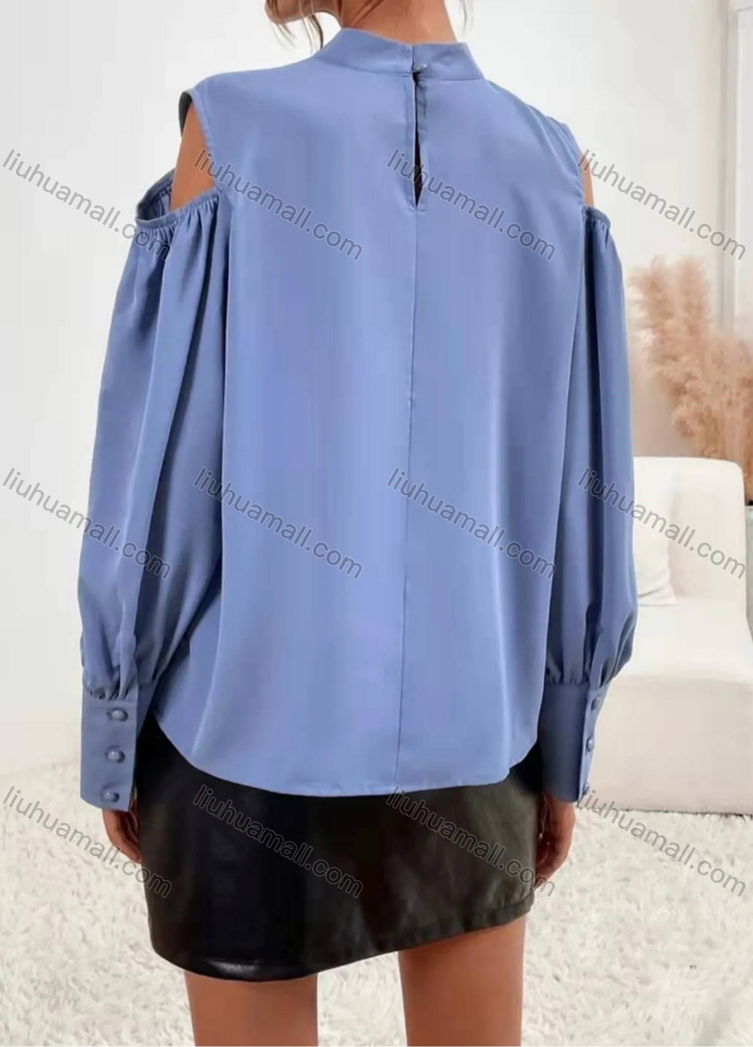 Wholesale Women's Elegant Mock Neck Cold Shoulder Ruched Keyhole Back Plain Blouse AY063# - Liuhuamall