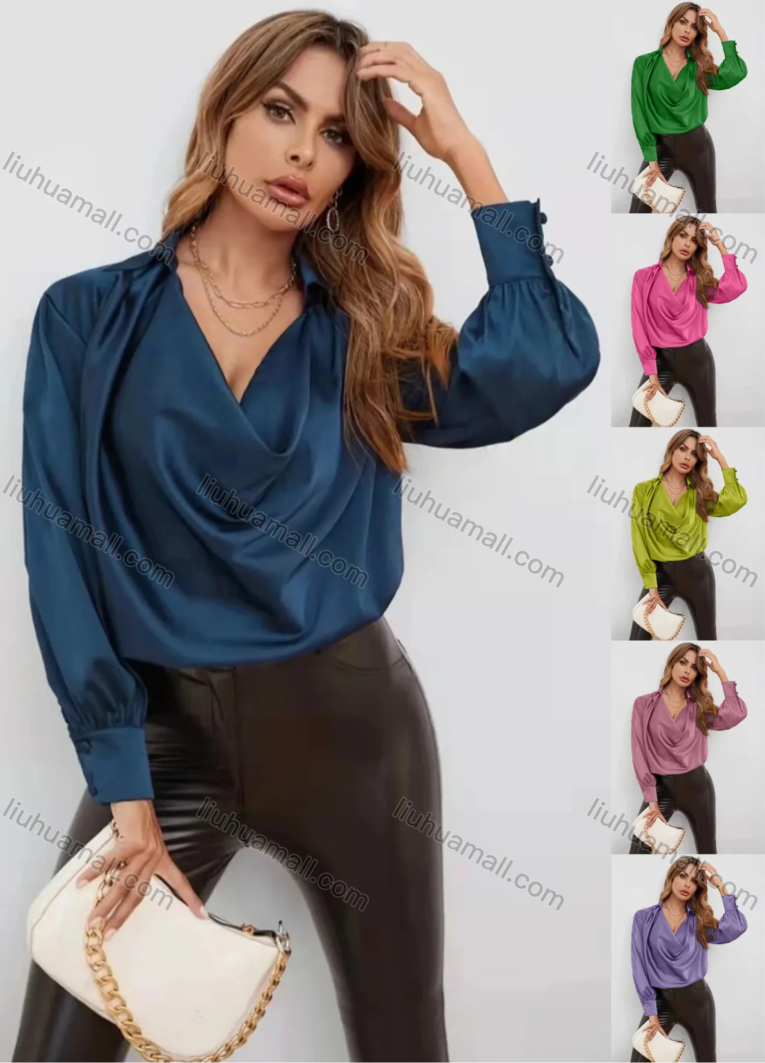 Wholesale Women's Elegant Satin Cowl Neck Long Sleeve Loose Fit Plain Blouse AY065# - Liuhuamall