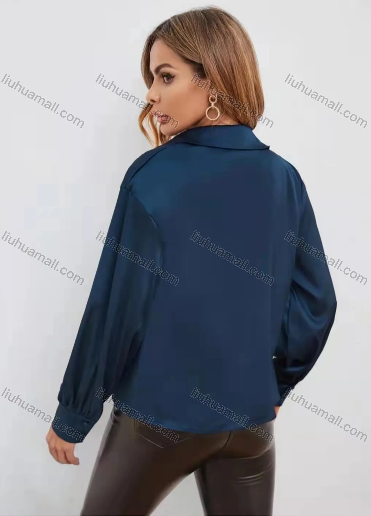 Wholesale Women's Elegant Satin Cowl Neck Long Sleeve Loose Fit Plain Blouse AY065# - Liuhuamall