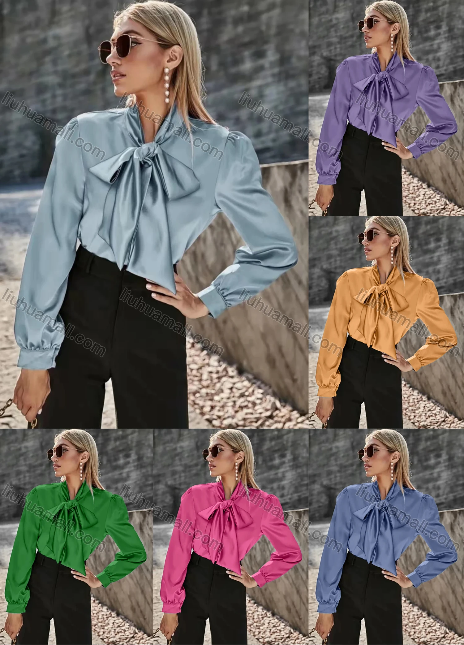 Wholesale Women's Elegant Satin Tie Neck Long Sleeve Plain Casual Blouse AY066# - Liuhuamall