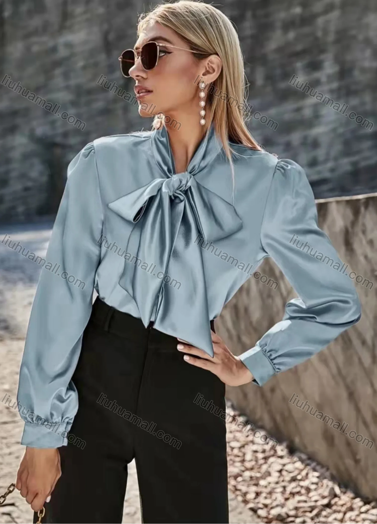 Wholesale Women's Elegant Satin Tie Neck Long Sleeve Plain Casual Blouse AY066# - Liuhuamall