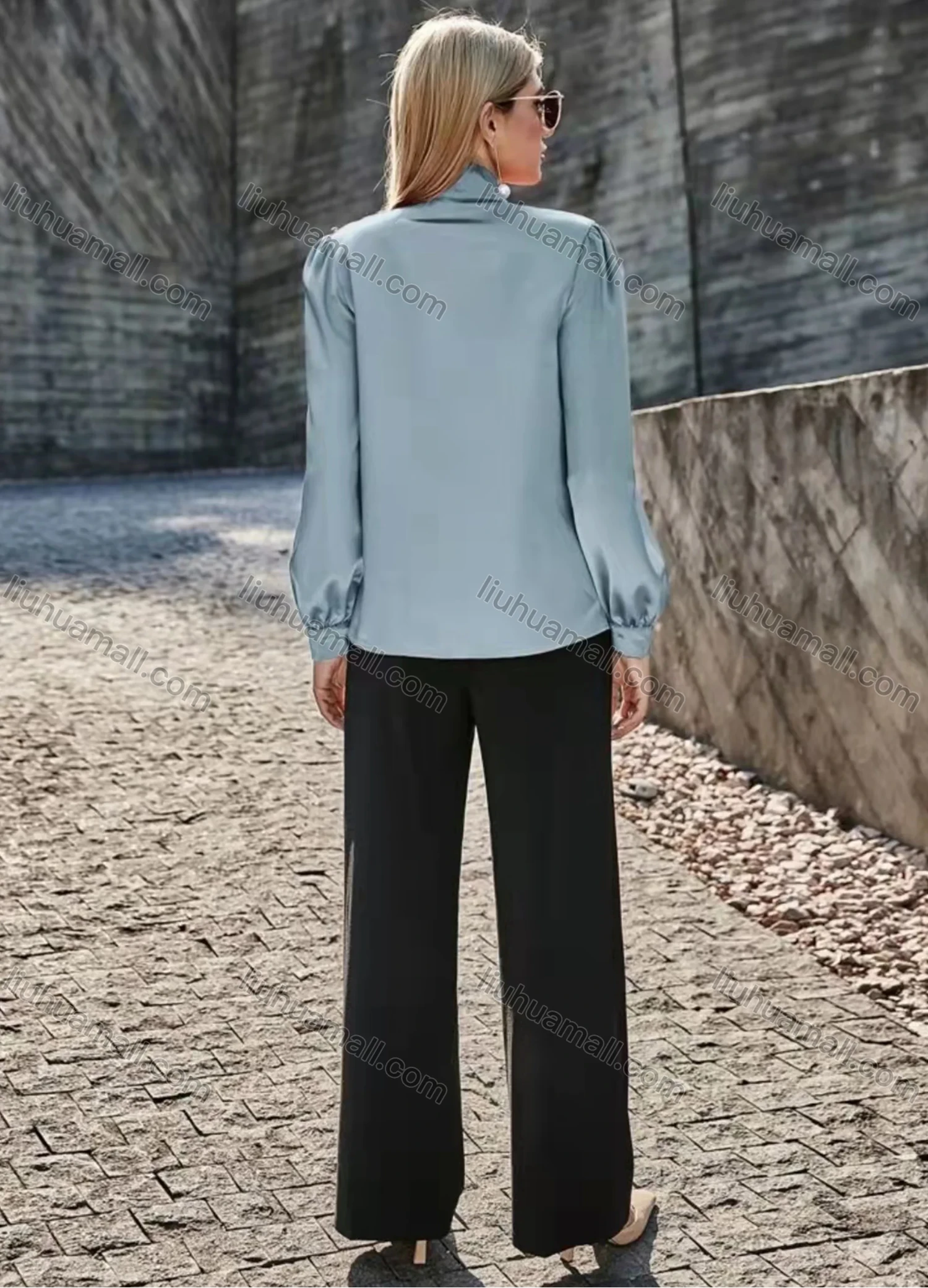 Wholesale Women's Elegant Satin Tie Neck Long Sleeve Plain Casual Blouse AY066# - Liuhuamall