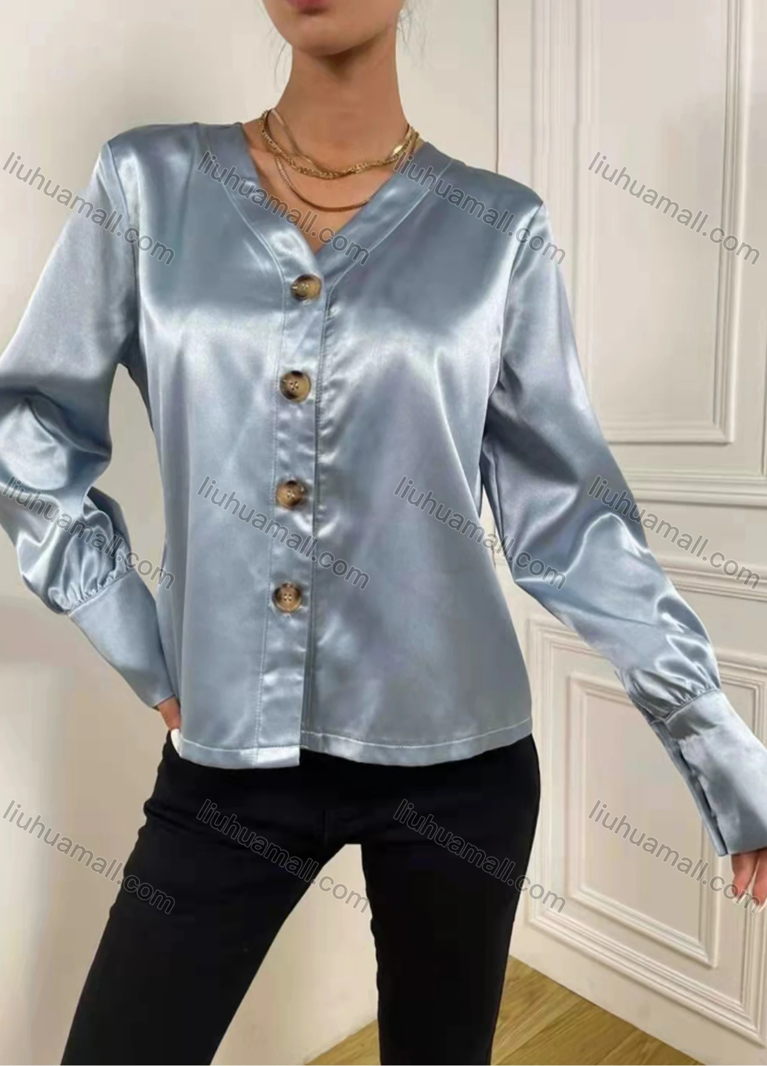 Wholesale Women's Elegant Satin V Neck Long Sleeve Buttons Down Plain Blouse AY067# - Liuhuamall
