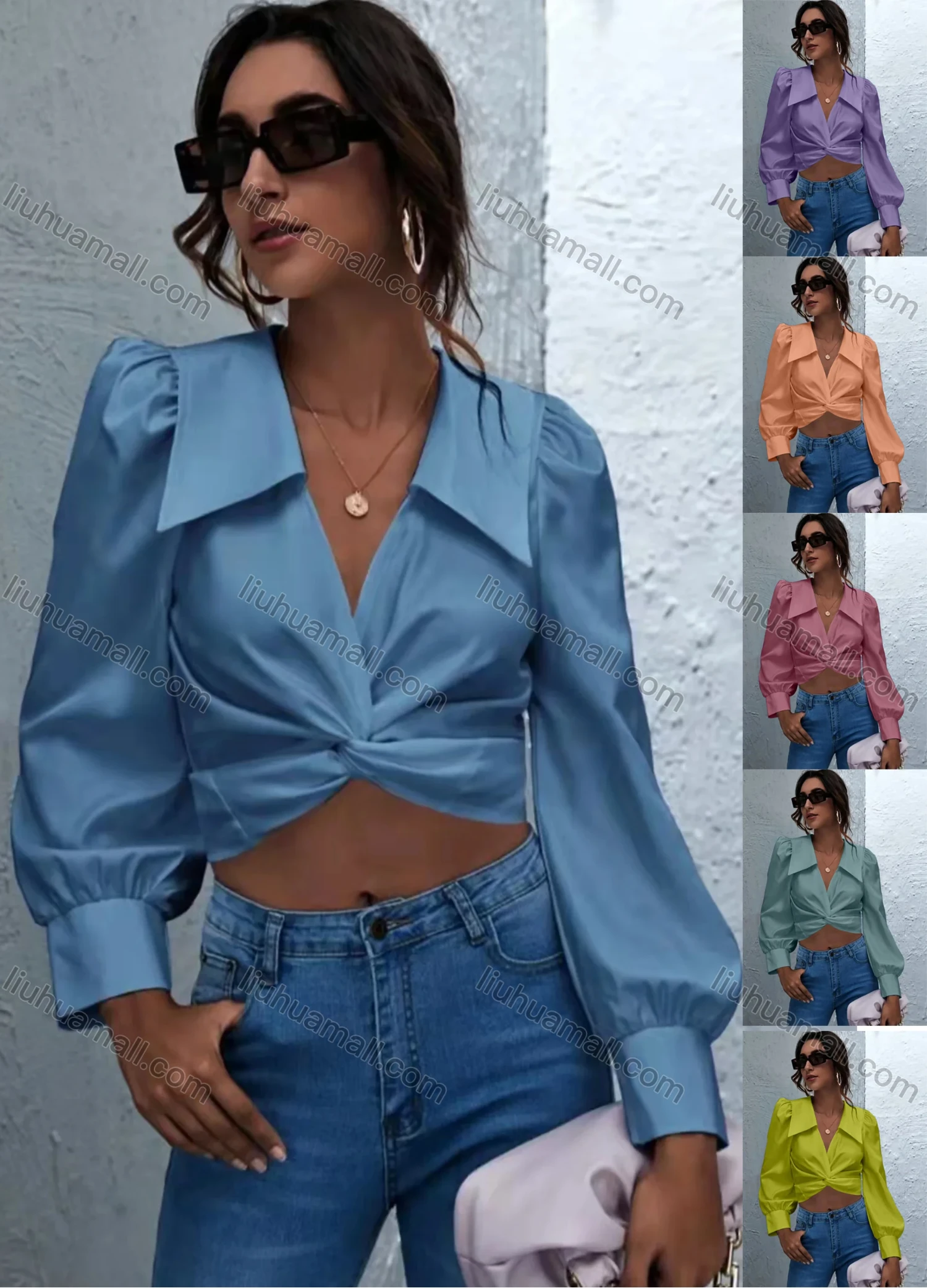 Wholesale Women's Fashion Turn-Down Collar Plain Lantern Sleeve Twist Crop Blouse AY068# - Liuhuamall