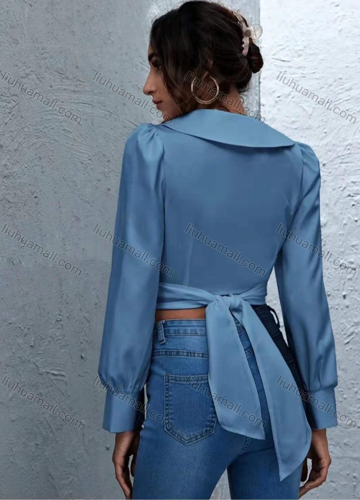 Wholesale Women's Fashion Turn-Down Collar Plain Lantern Sleeve Twist Crop Blouse AY068# - Liuhuamall