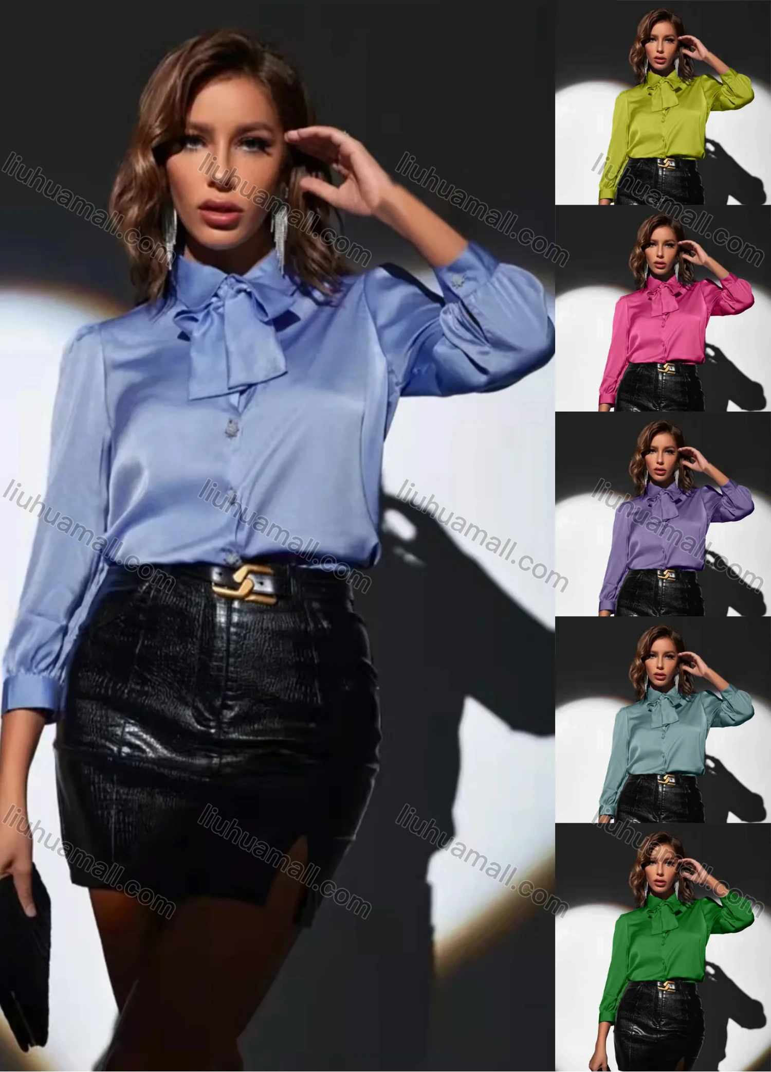 Wholesale Women's 3/4 Sleeve Tie Neck Button Down Plain Satin Shirt AY069# - Liuhuamall
