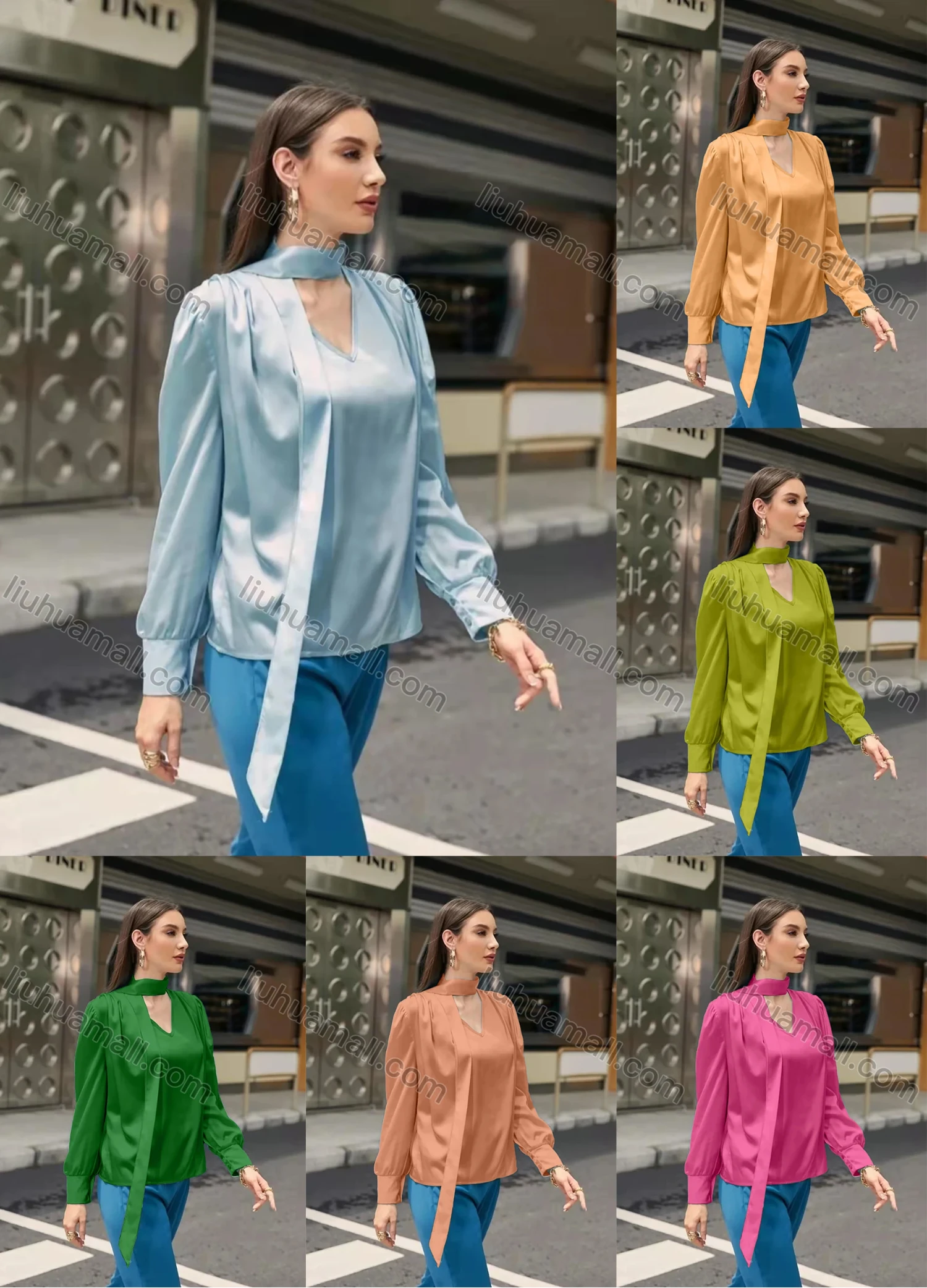 Wholesale Women's Elegant V Neck Long Sleeve Lace Up Satin Blouse AY071# - Liuhuamall