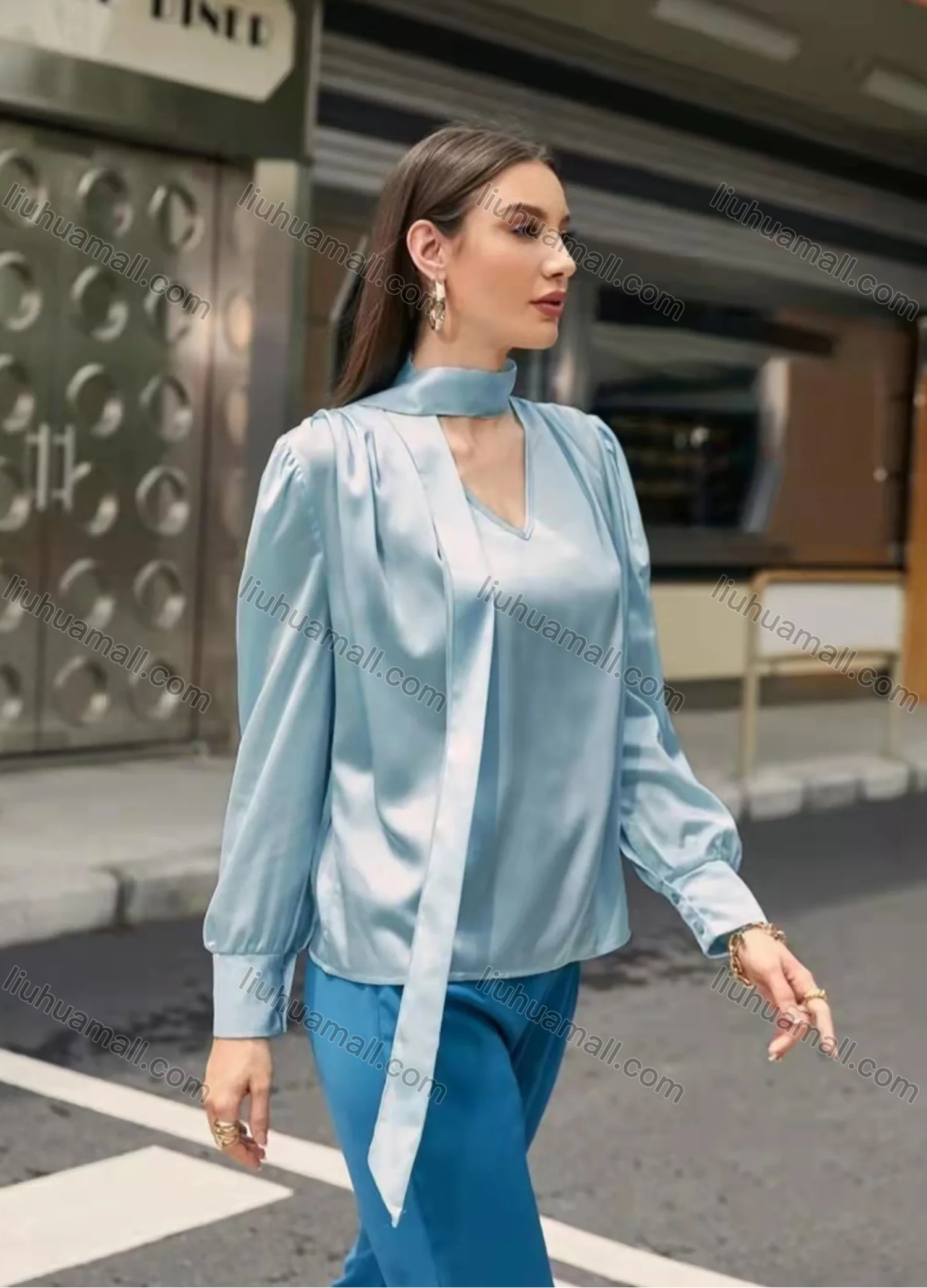 Wholesale Women's Elegant V Neck Long Sleeve Lace Up Satin Blouse AY071# - Liuhuamall