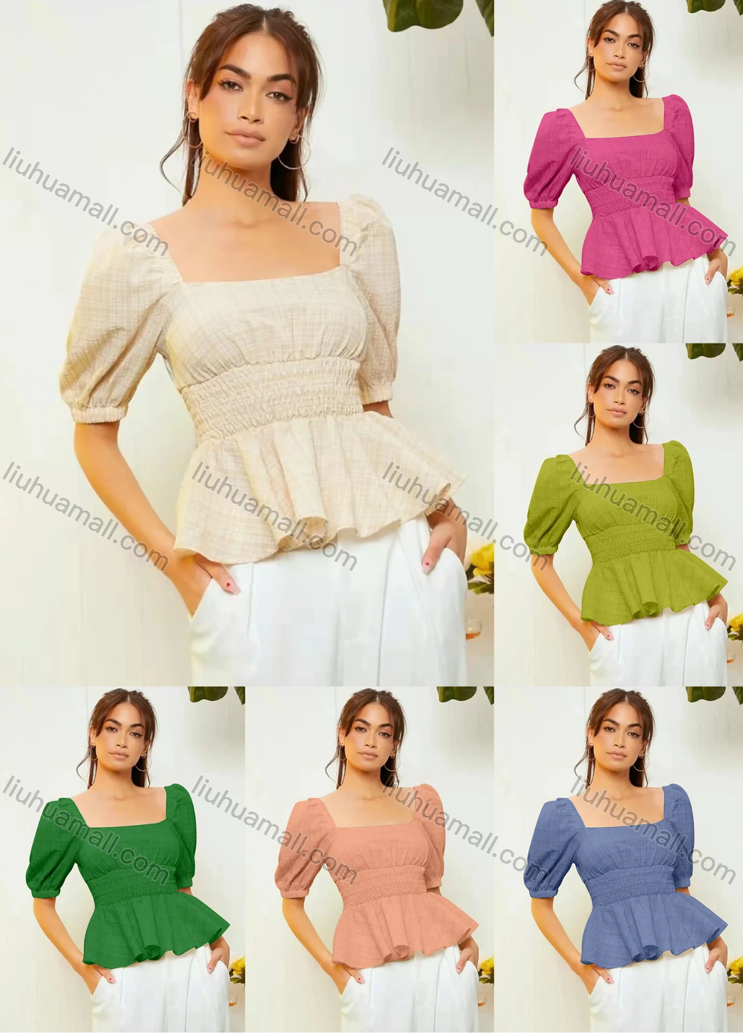 Wholesale Women's Square Neck Puff Sleeve Shirred Open Back Crop Ruffle Hem Plain Blouse AY072# - Liuhuamall