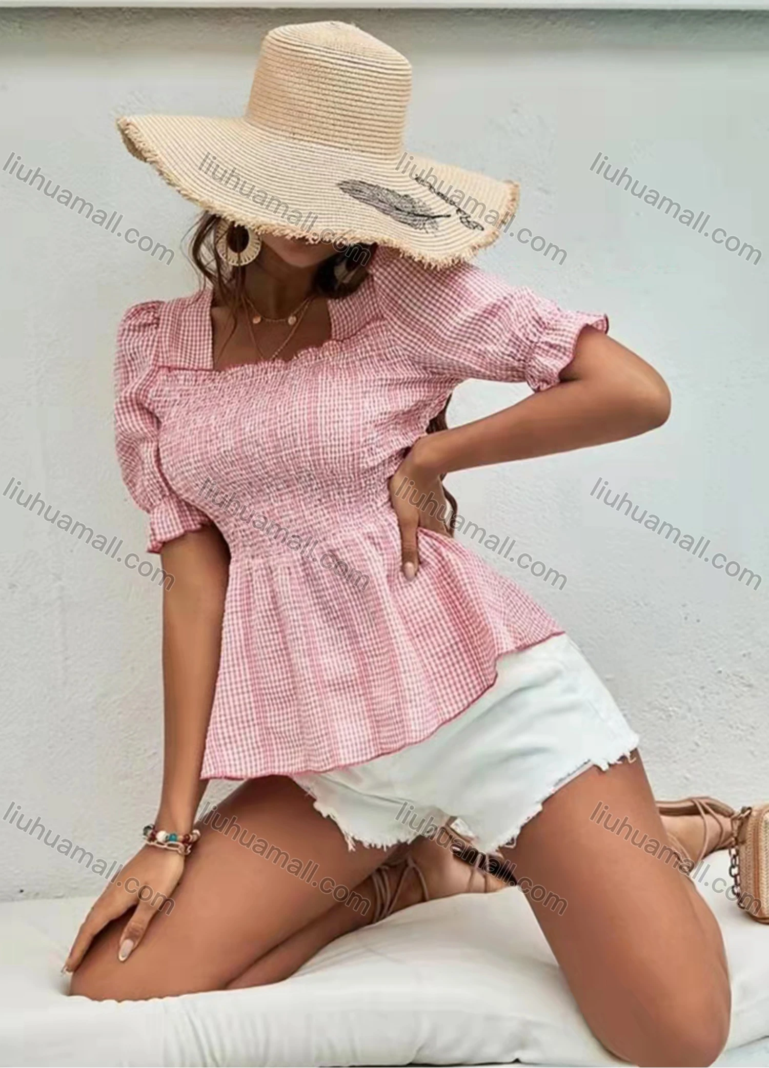 Wholesale Women's Square Neck Puff Sleeve Ruffle Trim Ruched Gingham Open Back Blouse AY073# - Liuhuamall