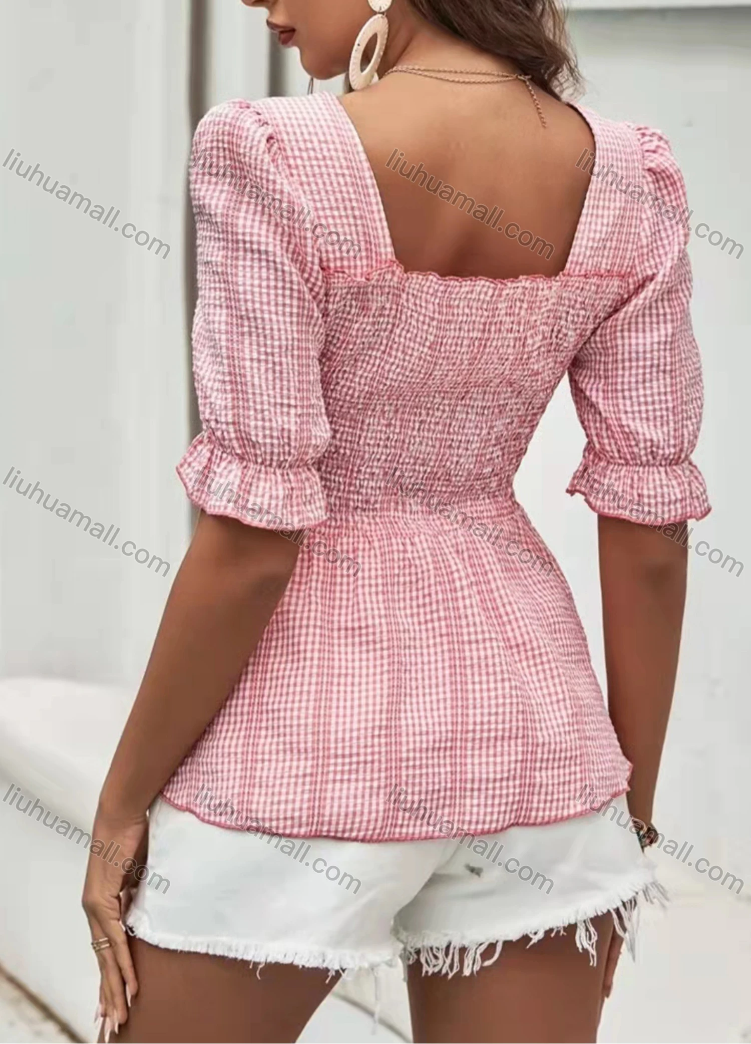 Wholesale Women's Square Neck Puff Sleeve Ruffle Trim Ruched Gingham Open Back Blouse AY073# - Liuhuamall