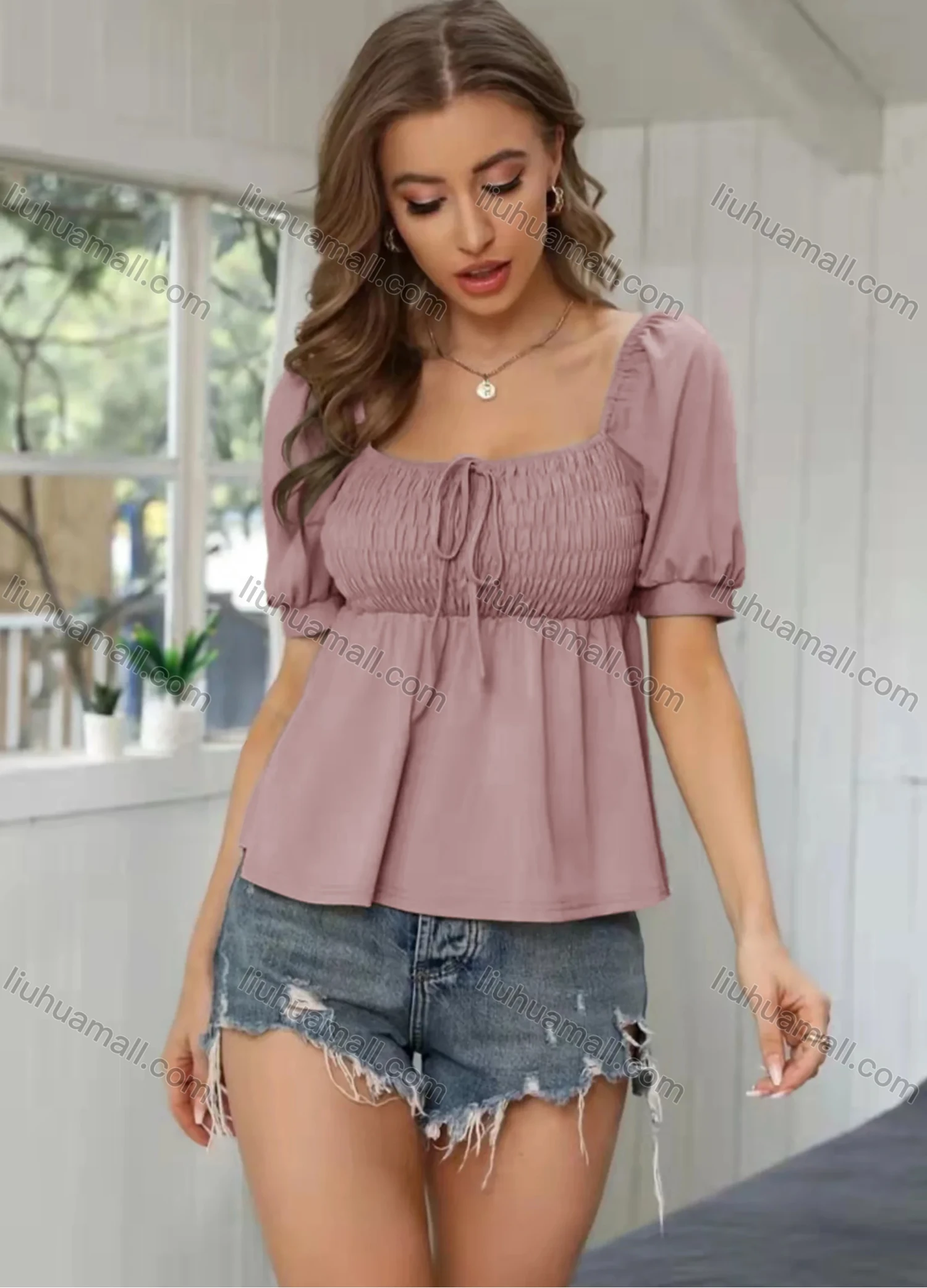 Wholesale Women's Square Neck Lantern Sleeve Shirred Lace Up Ruffle Hem Open Back Crop Blouse AY074# - Liuhuamall