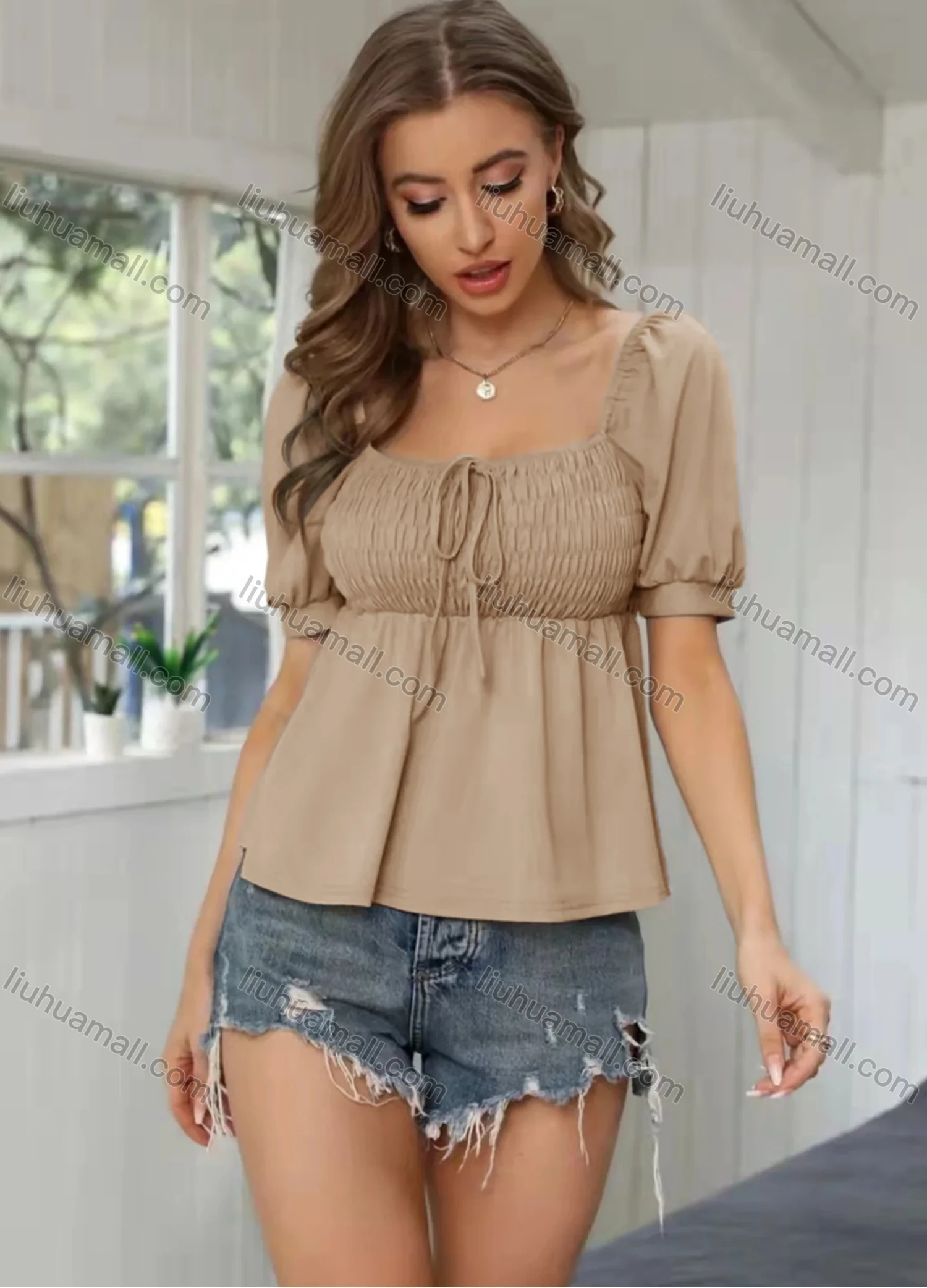 Wholesale Women's Square Neck Lantern Sleeve Shirred Lace Up Ruffle Hem Open Back Crop Blouse AY074# - Liuhuamall