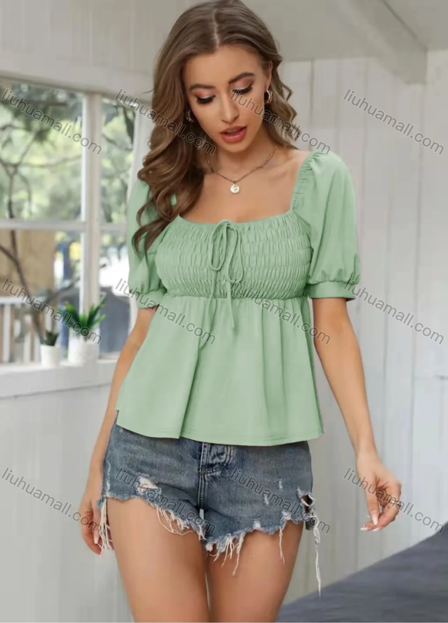 Wholesale Women's Square Neck Lantern Sleeve Shirred Lace Up Ruffle Hem Open Back Crop Blouse AY074# - Liuhuamall