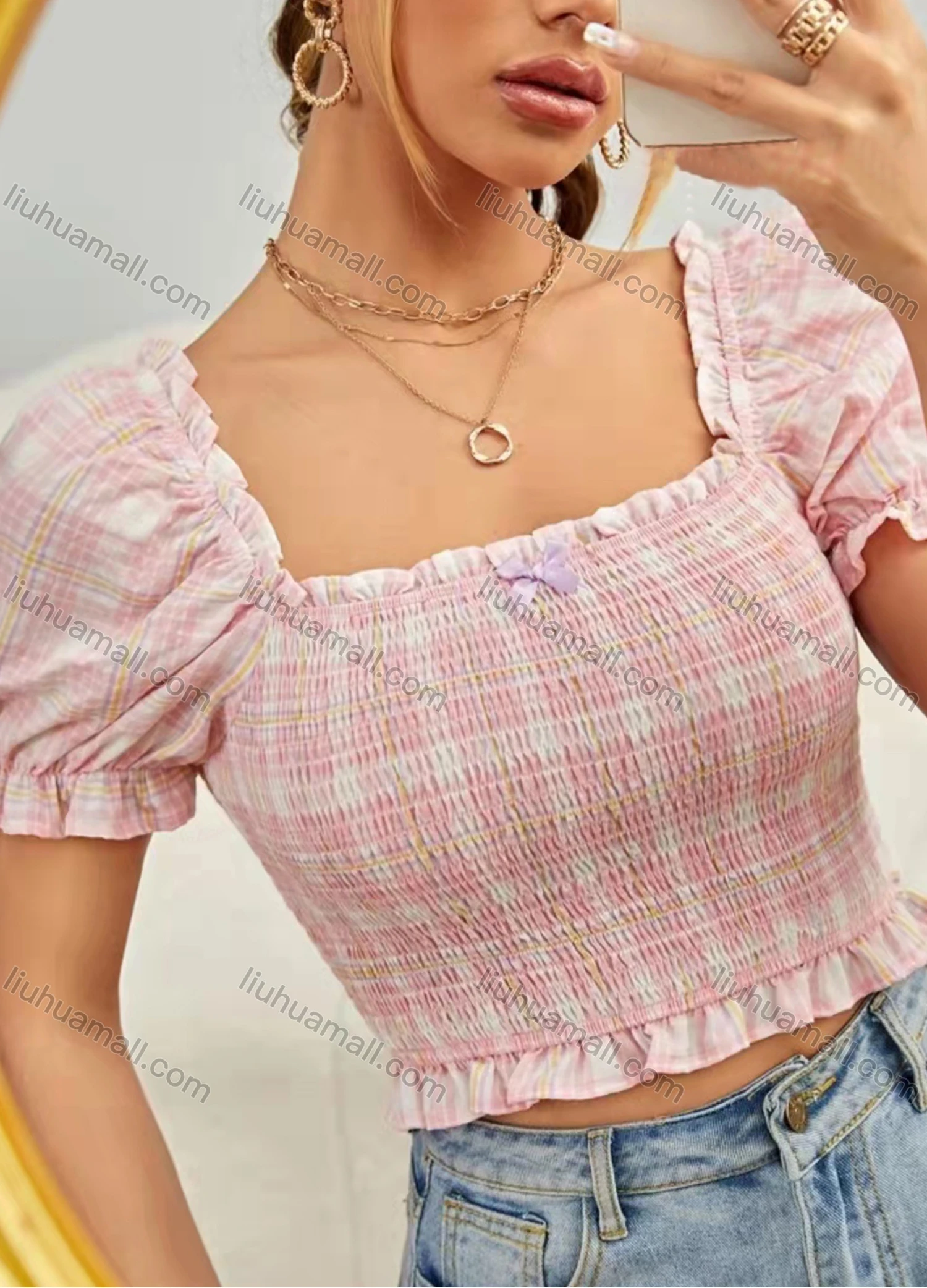 Wholesale Women's Square Neck Puff Sleeve Plaid Ruffle Trim Shirred Bow Knot Open Back Crop Blouse AY075# - Liuhuamall