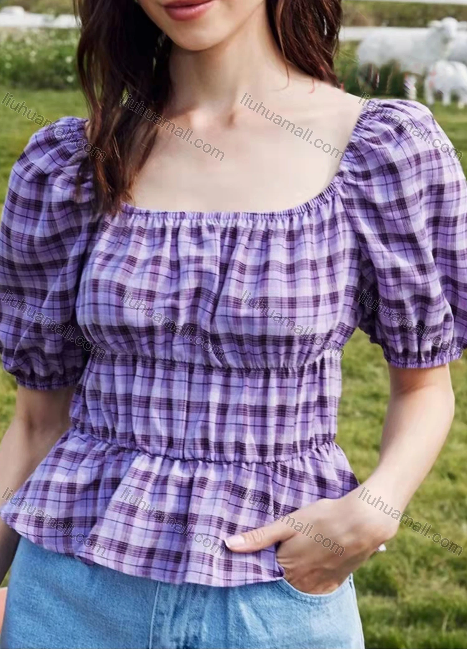 Wholesale Women's Square Neck Puff Sleeve Plaid Ruched Open Back Layered Ruffle Hem Crop Blouse AY076# - Liuhuamall