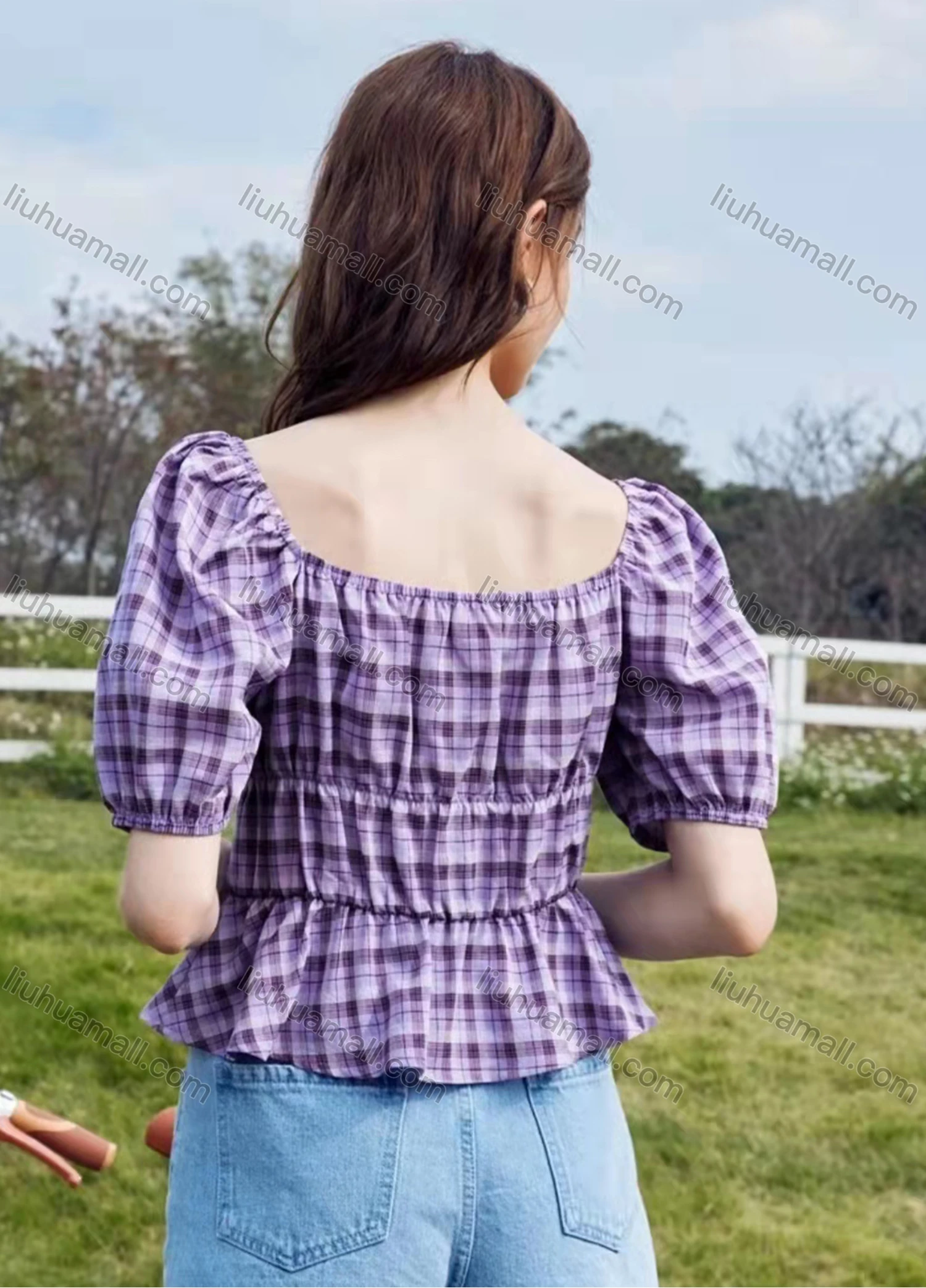 Wholesale Women's Square Neck Puff Sleeve Plaid Ruched Open Back Layered Ruffle Hem Crop Blouse AY076# - Liuhuamall