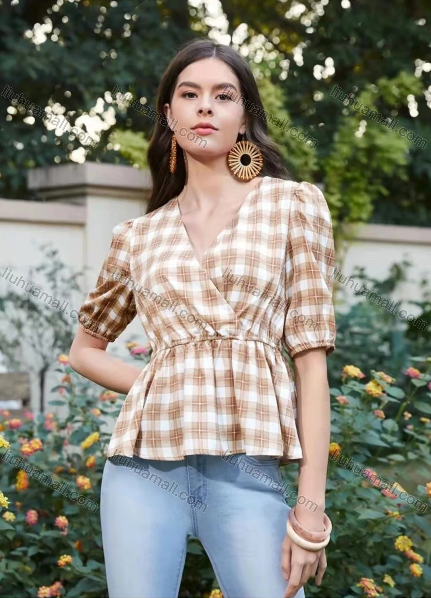 Wholesale Women's Elegant Wrap V Neck Half Sleeve Plaid Ruffle Hem Blouse AY077# - Liuhuamall