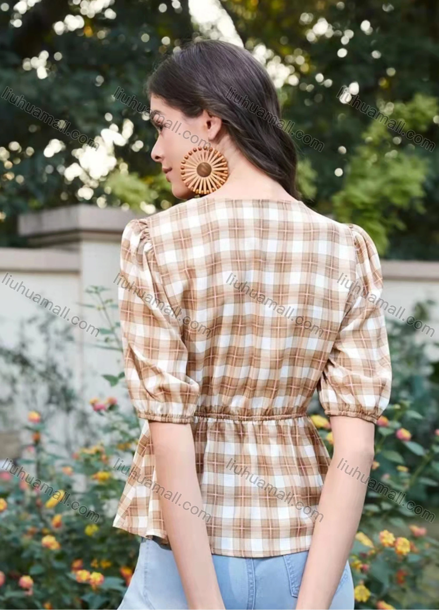 Wholesale Women's Elegant Wrap V Neck Half Sleeve Plaid Ruffle Hem Blouse AY077# - Liuhuamall