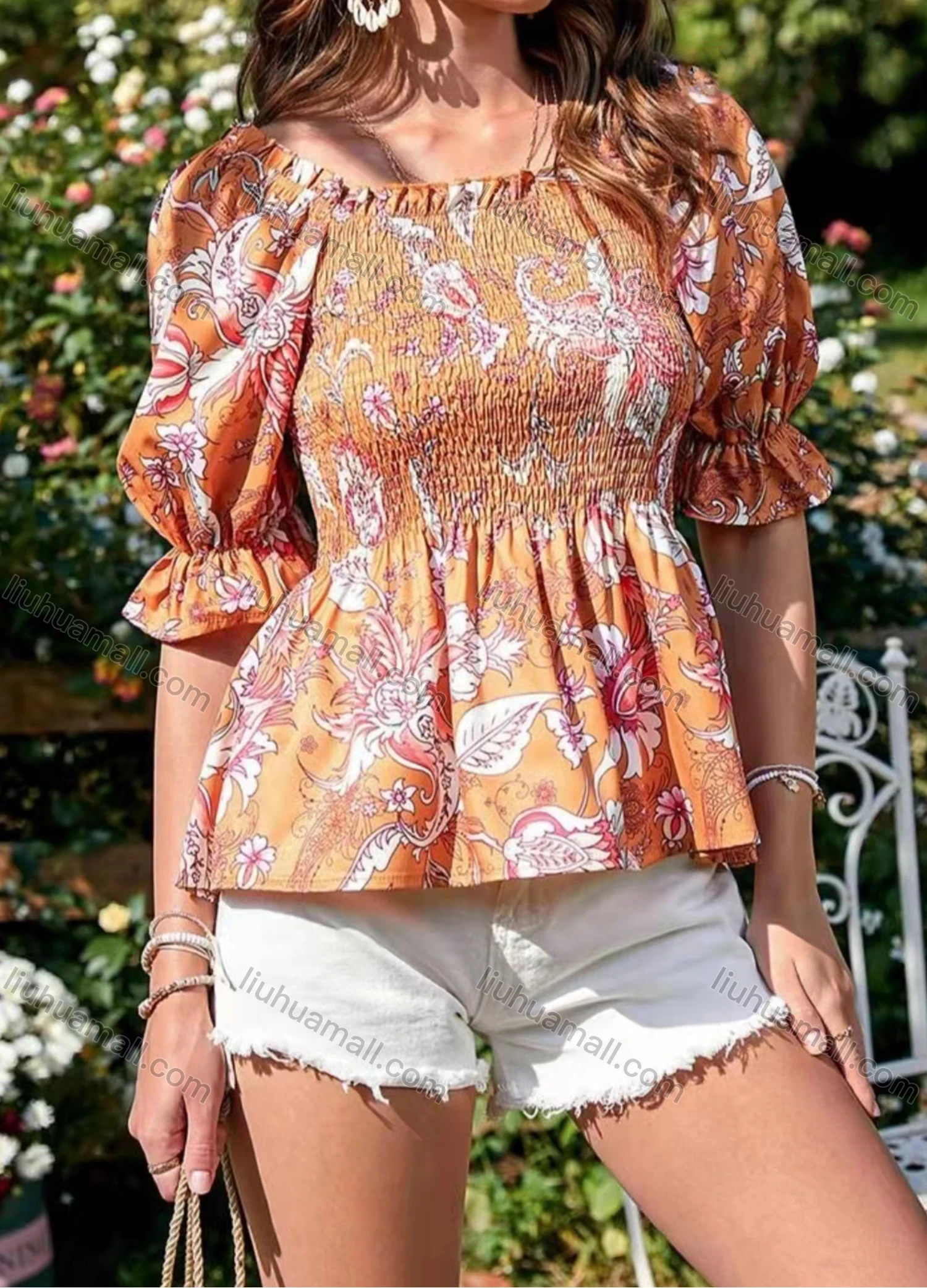 Wholesale Women's Square Neck Puff Sleeve Floral Ruffle Trim Ruched Open Back Blouse AY078# - Liuhuamall