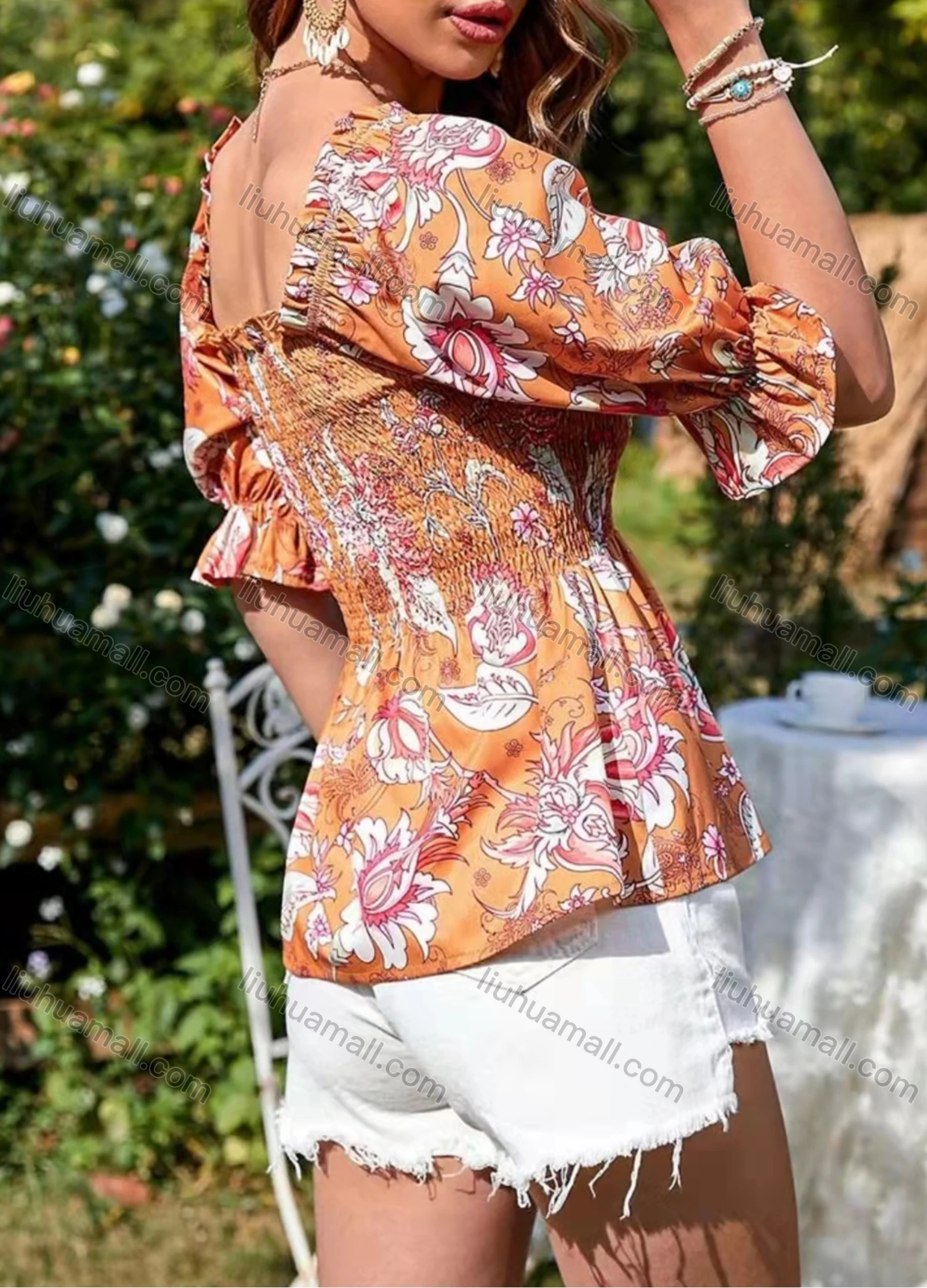 Wholesale Women's Square Neck Puff Sleeve Floral Ruffle Trim Ruched Open Back Blouse AY078# - Liuhuamall