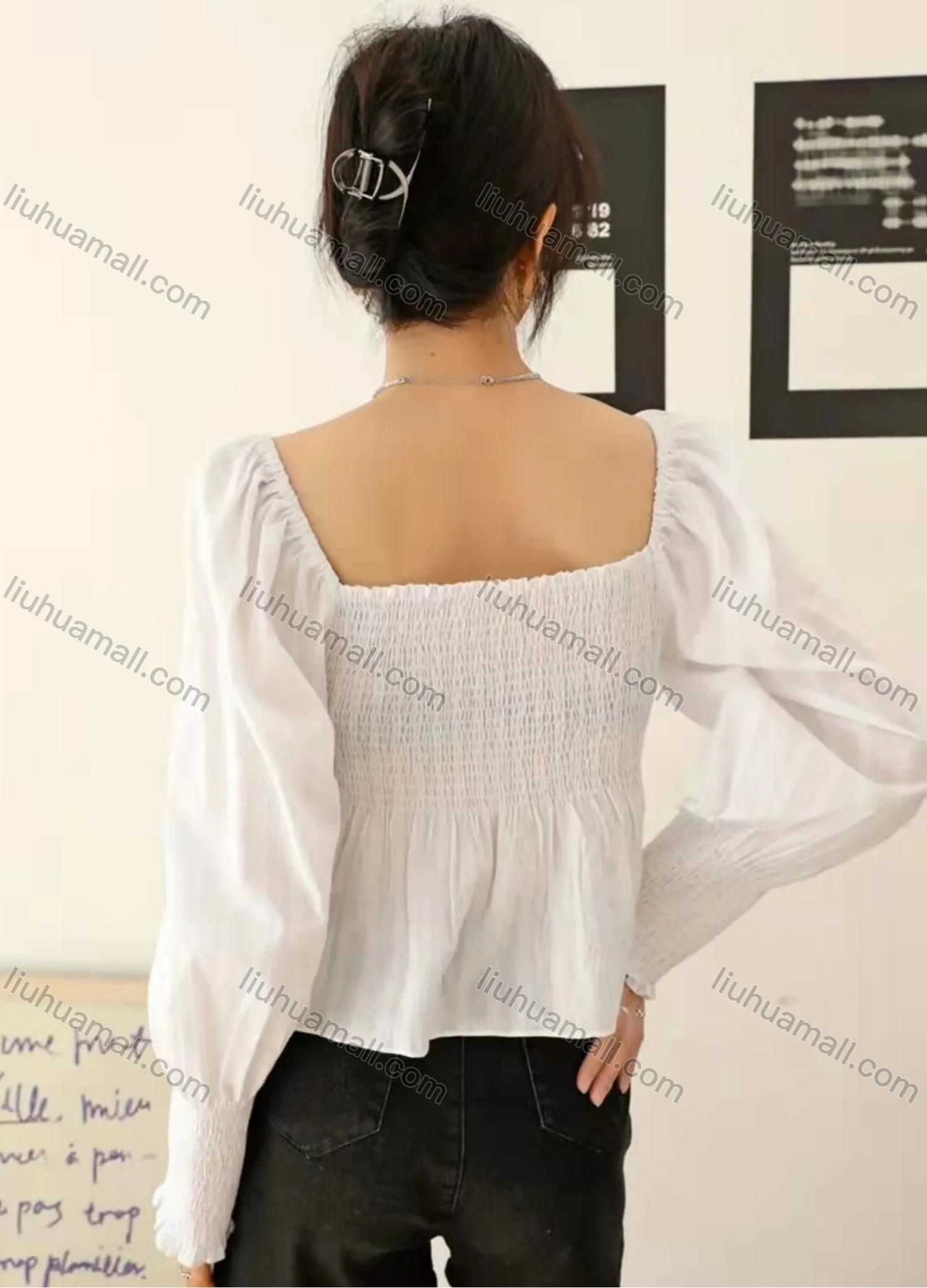 Wholesale Women's Square Neck Lantern Sleeve Shirred Ruffle Trim Open Back Plain Crop Blouse AY080# - Liuhuamall
