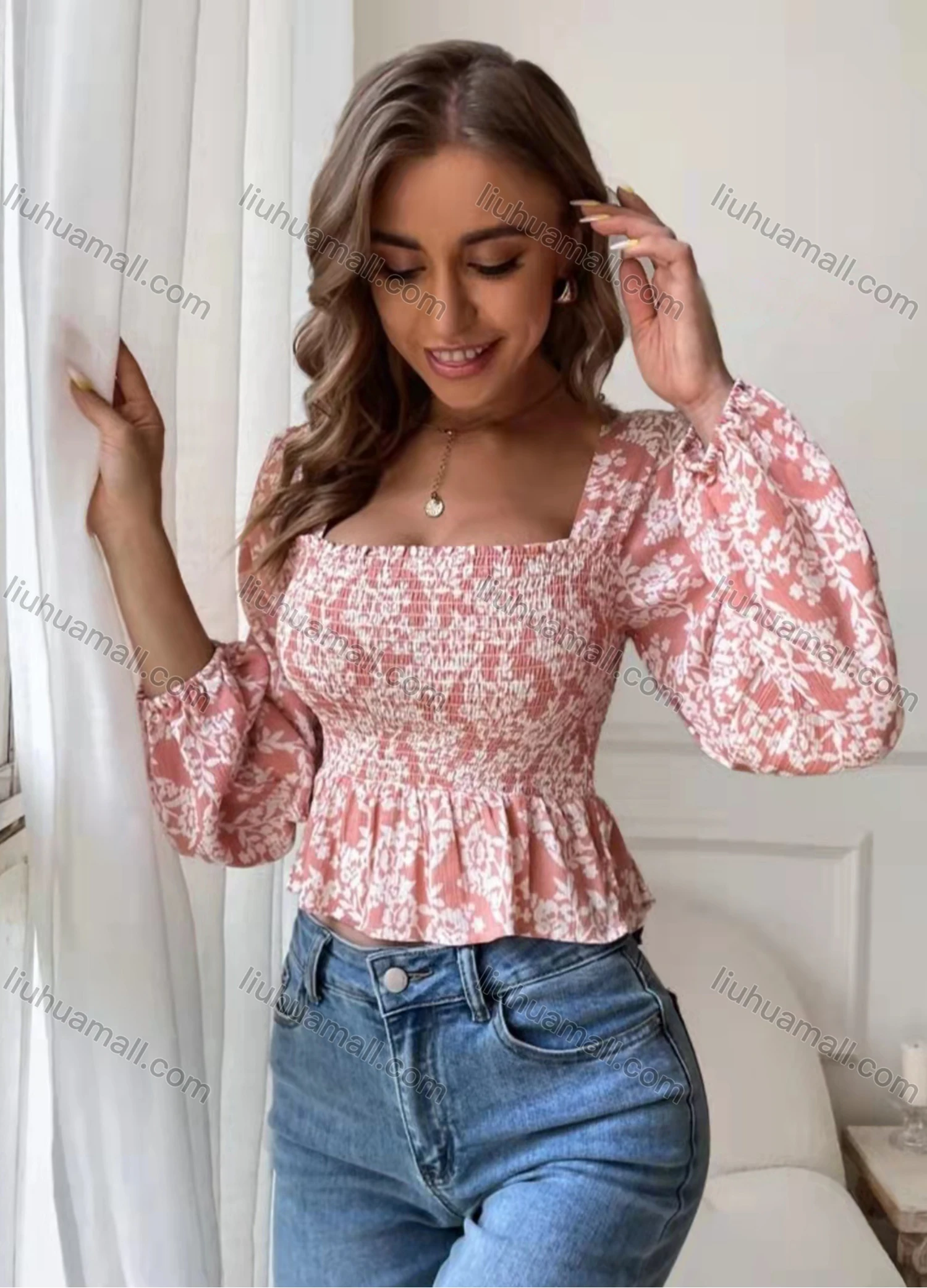 Wholesale Women's Square Neck Lantern Sleeve Floral Shirred Ruffle Trim Crop Blouse AY081# - Liuhuamall