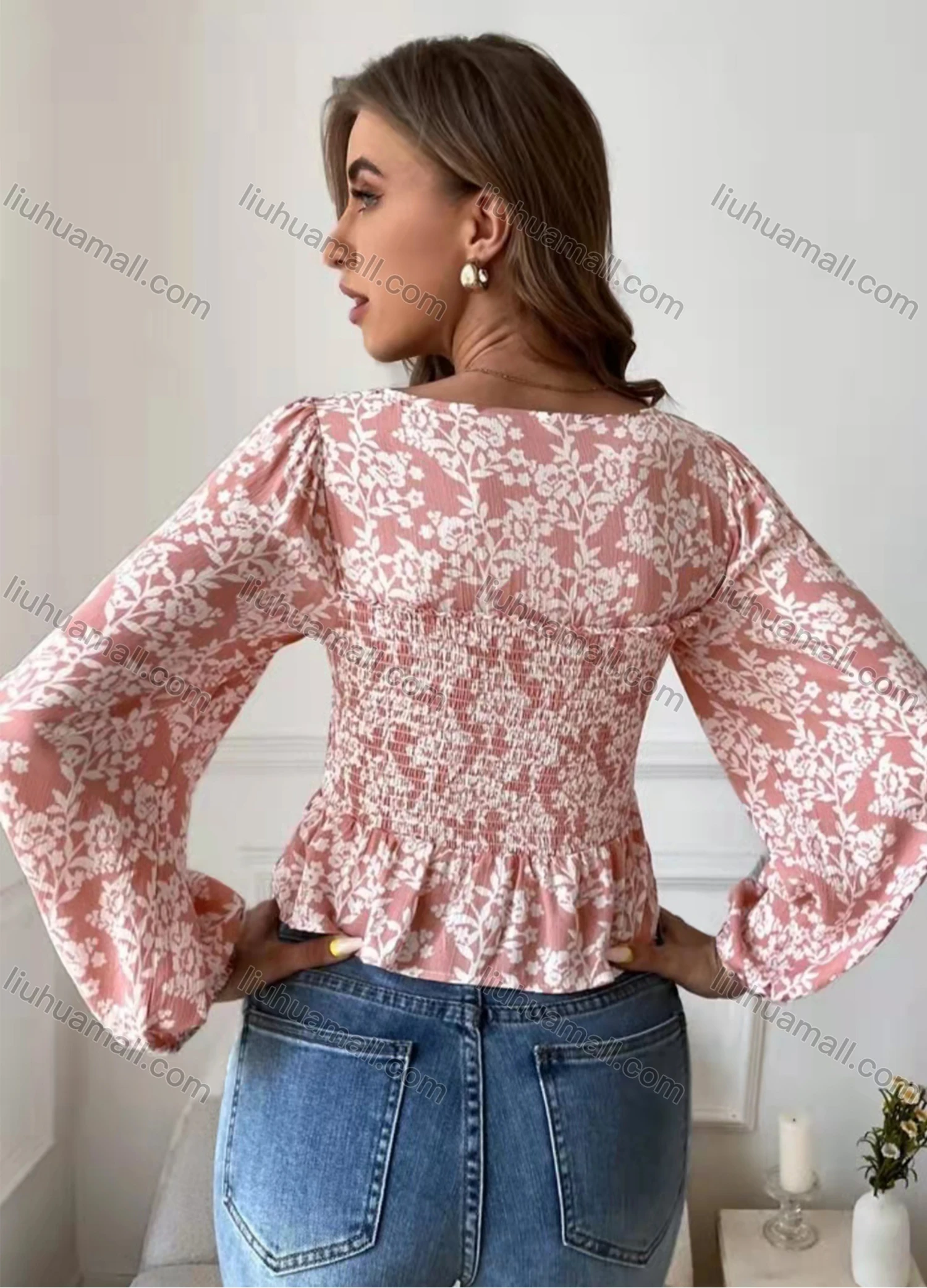 Wholesale Women's Square Neck Lantern Sleeve Floral Shirred Ruffle Trim Crop Blouse AY081# - Liuhuamall