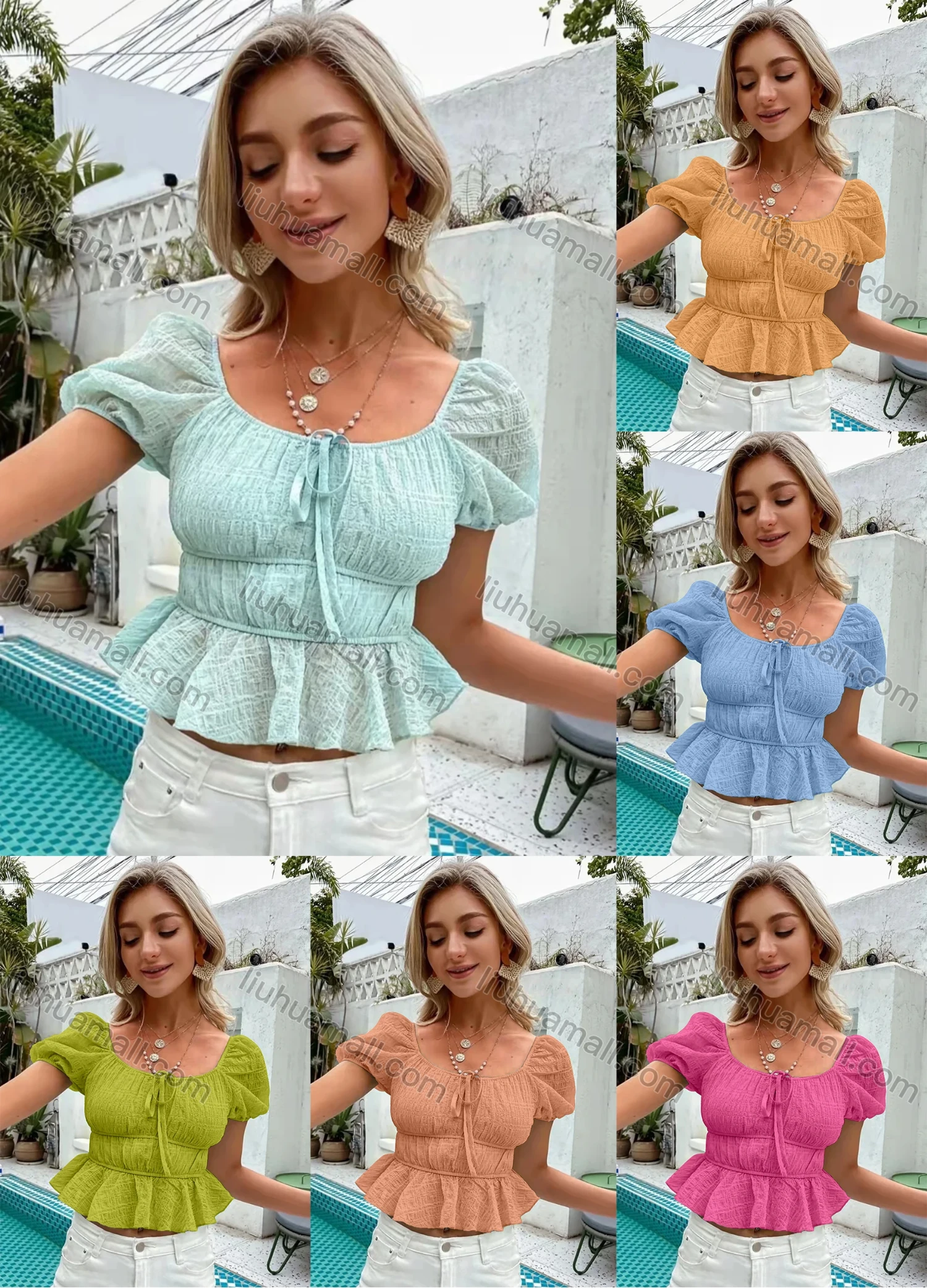 Wholesale Women's Scoop Neck Puff Sleeve Lace Up Ruched Open Back Layered Ruffle Trim Crop Blouse AY083# - Liuhuamall