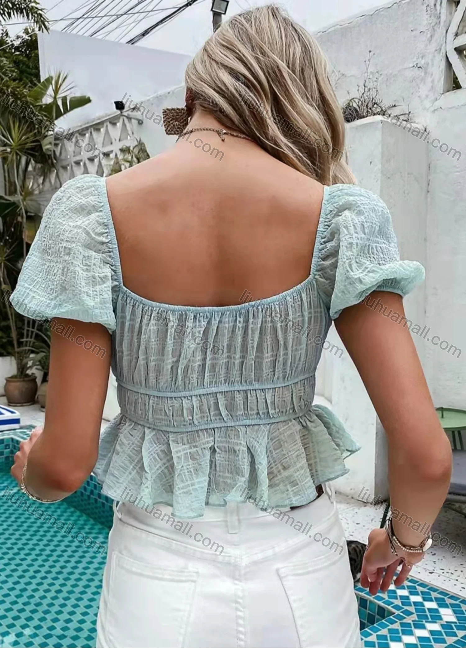 Wholesale Women's Scoop Neck Puff Sleeve Lace Up Ruched Open Back Layered Ruffle Trim Crop Blouse AY083# - Liuhuamall