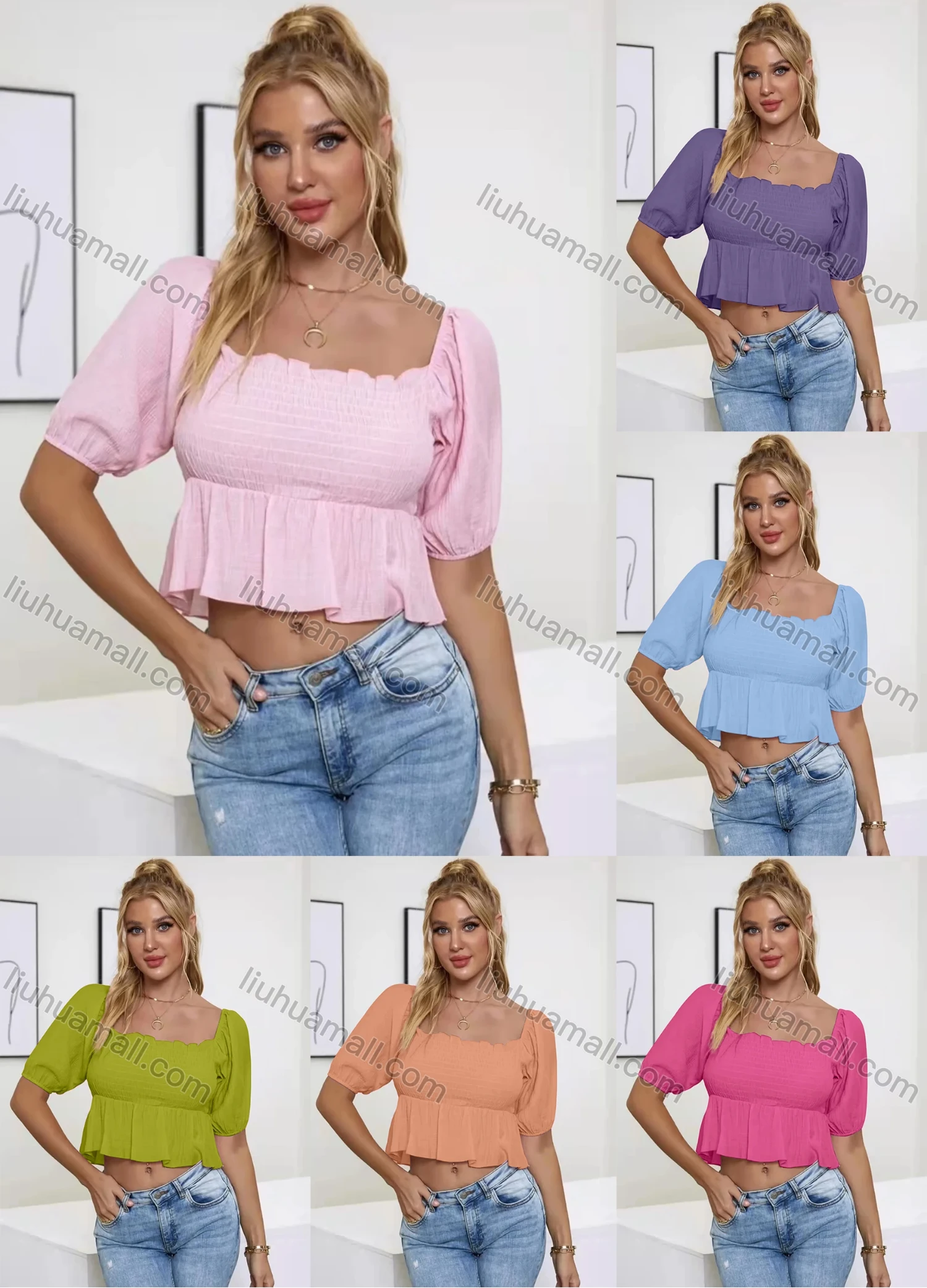 Wholesale Women's Square Neck Puff Sleeve Ruffle Trim Shirred Crop Blouse AY084# - Liuhuamall