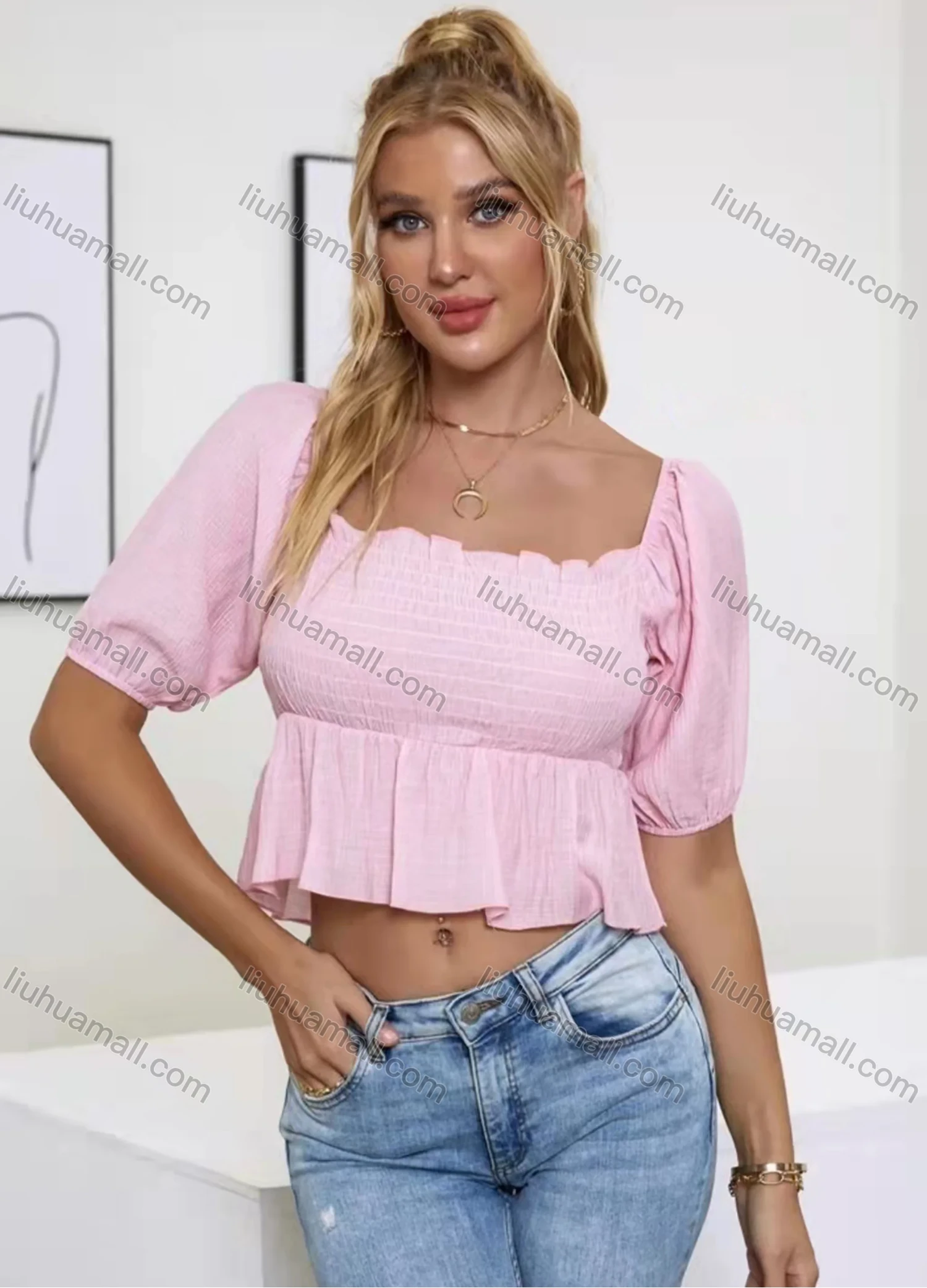 Wholesale Women's Square Neck Puff Sleeve Ruffle Trim Shirred Crop Blouse AY084# - Liuhuamall