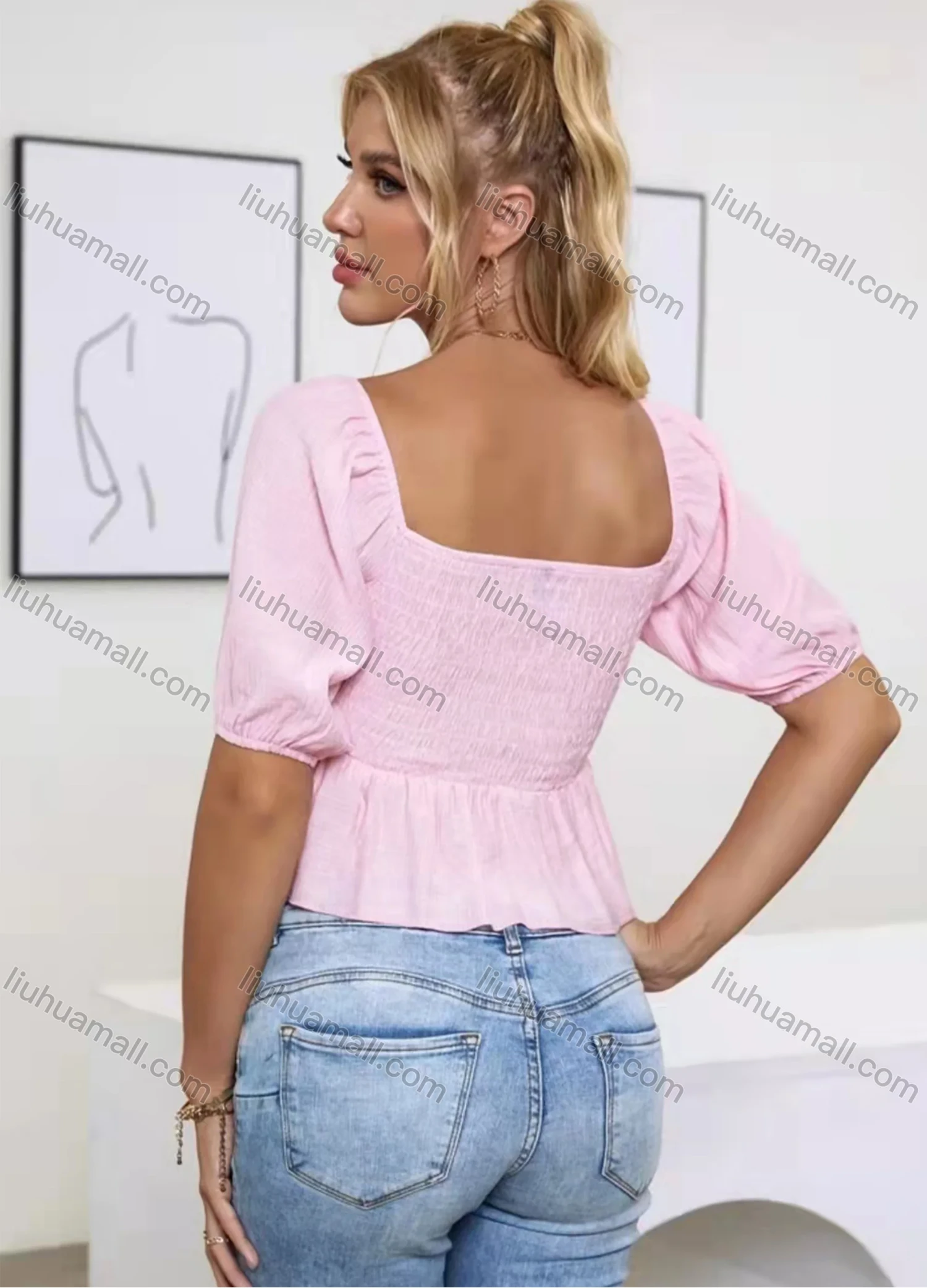 Wholesale Women's Square Neck Puff Sleeve Ruffle Trim Shirred Crop Blouse AY084# - Liuhuamall