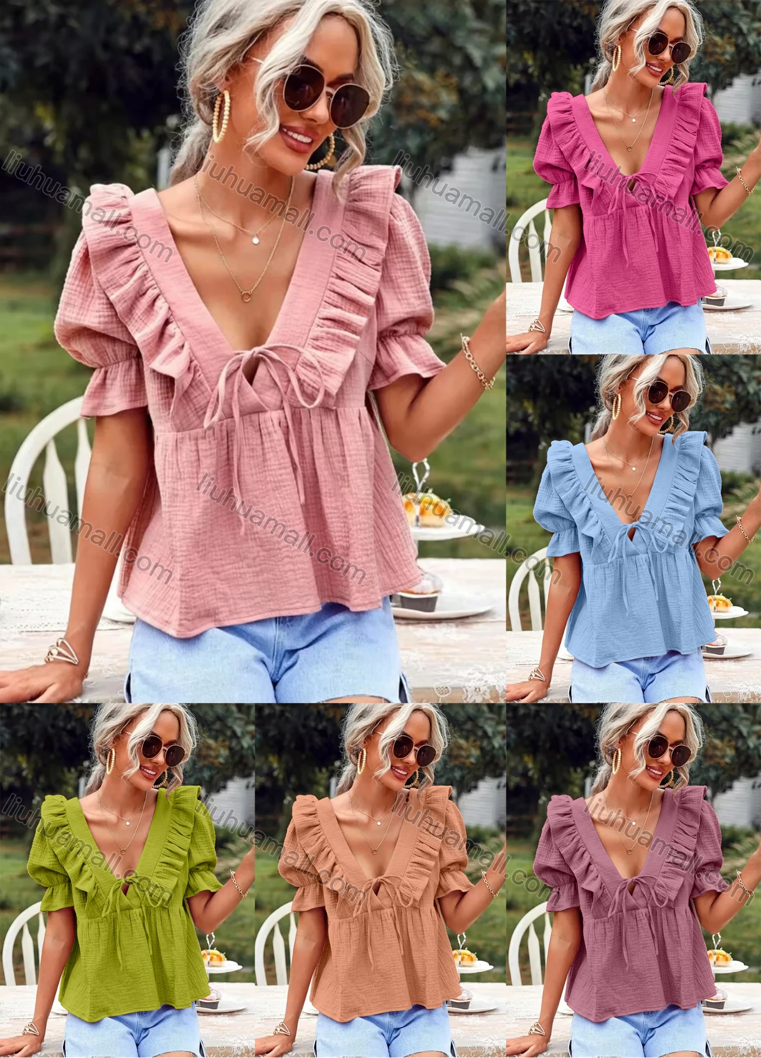 Wholesale Women's Deep V Neck Puff Sleeve Lace Up Ruffle Trim Plain Blouse AY085# - Liuhuamall