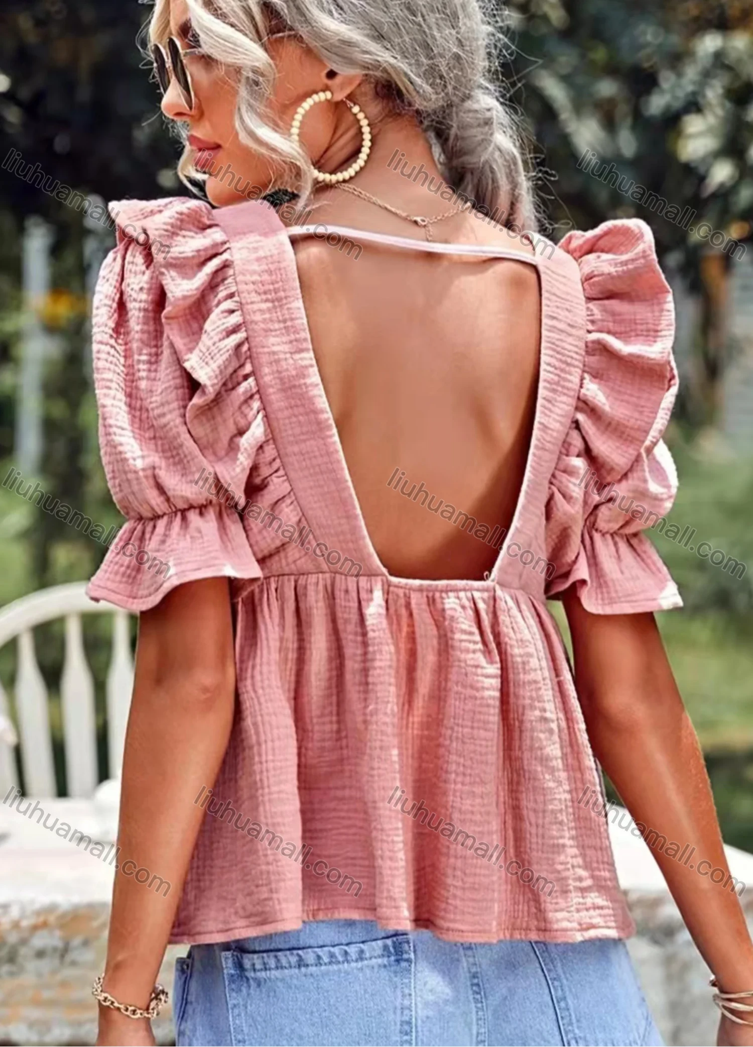 Wholesale Women's Deep V Neck Puff Sleeve Lace Up Ruffle Trim Plain Blouse AY085# - Liuhuamall