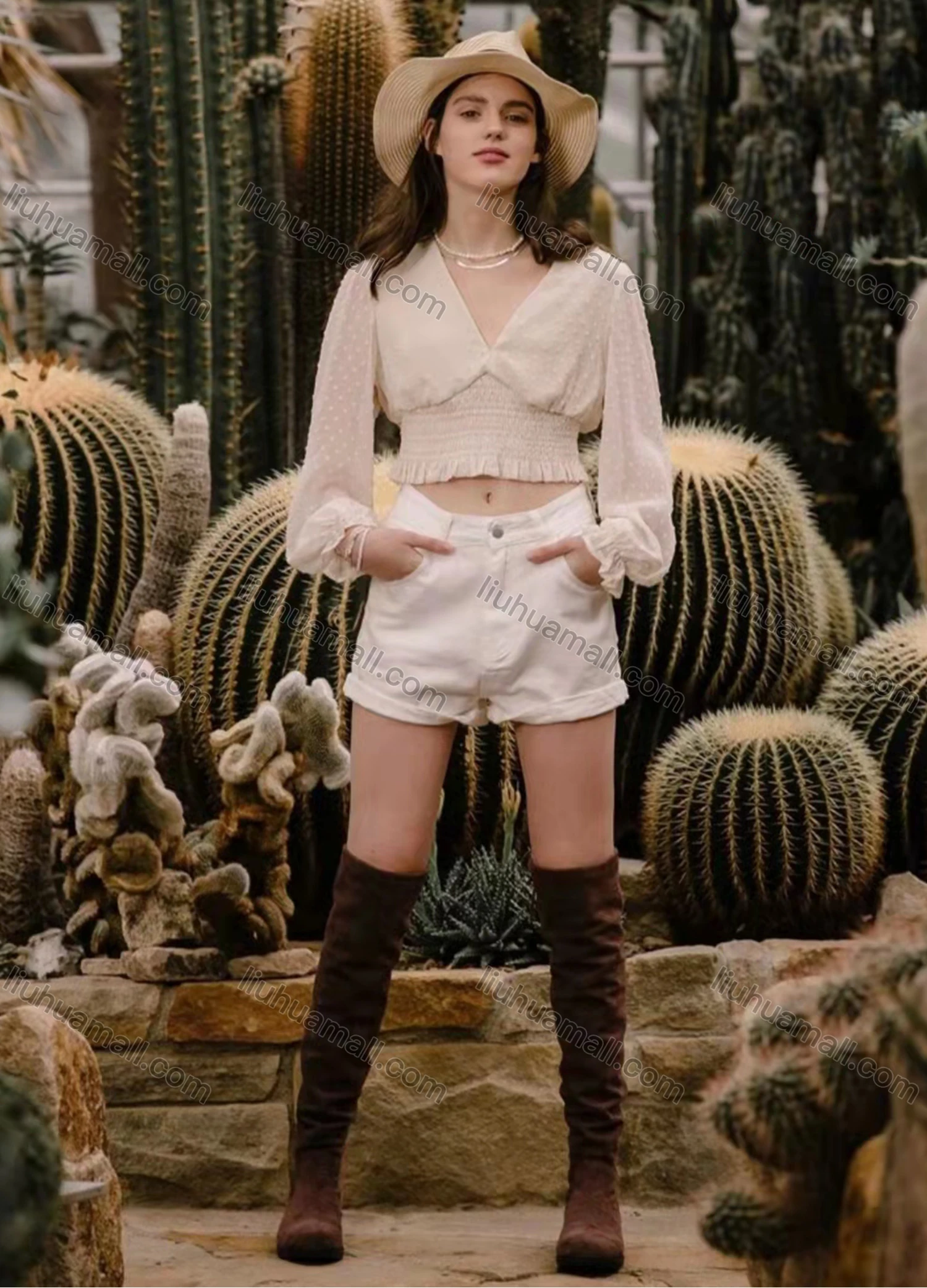 Wholesale Women's V Neck Lantern Sleeve Plain Shirred Swiss Dot Ruffle Trim Crop Blouse AY086# - Liuhuamall