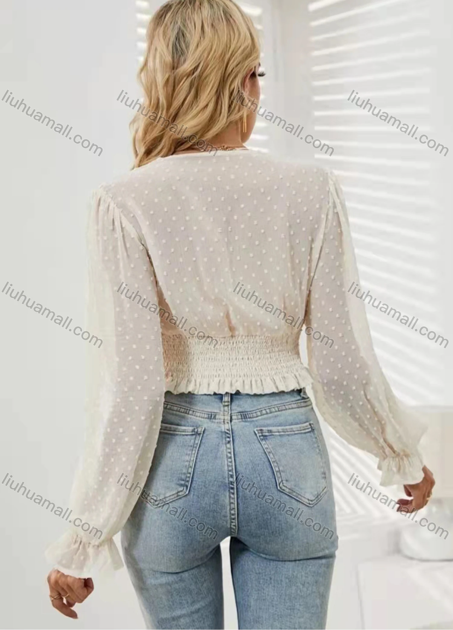 Wholesale Women's V Neck Lantern Sleeve Plain Shirred Swiss Dot Ruffle Trim Crop Blouse AY086# - Liuhuamall