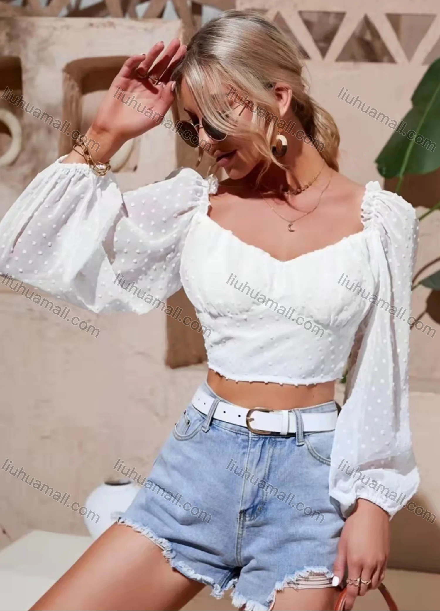 Wholesale Women's Square Neck Lantern Sleeve Swiss Dot Open Back Plain Blouse AY087# - Liuhuamall