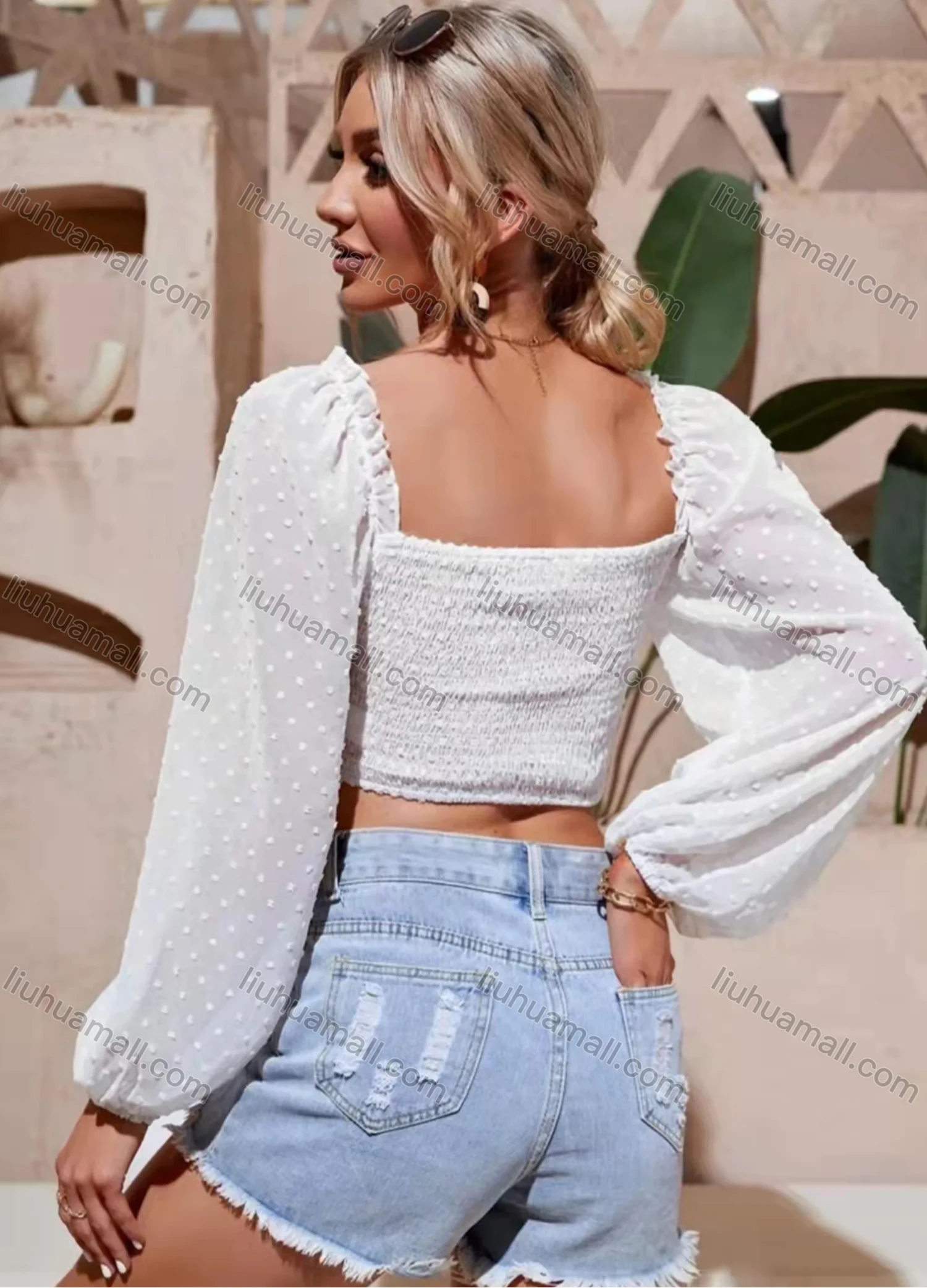 Wholesale Women's Square Neck Lantern Sleeve Swiss Dot Open Back Plain Blouse AY087# - Liuhuamall