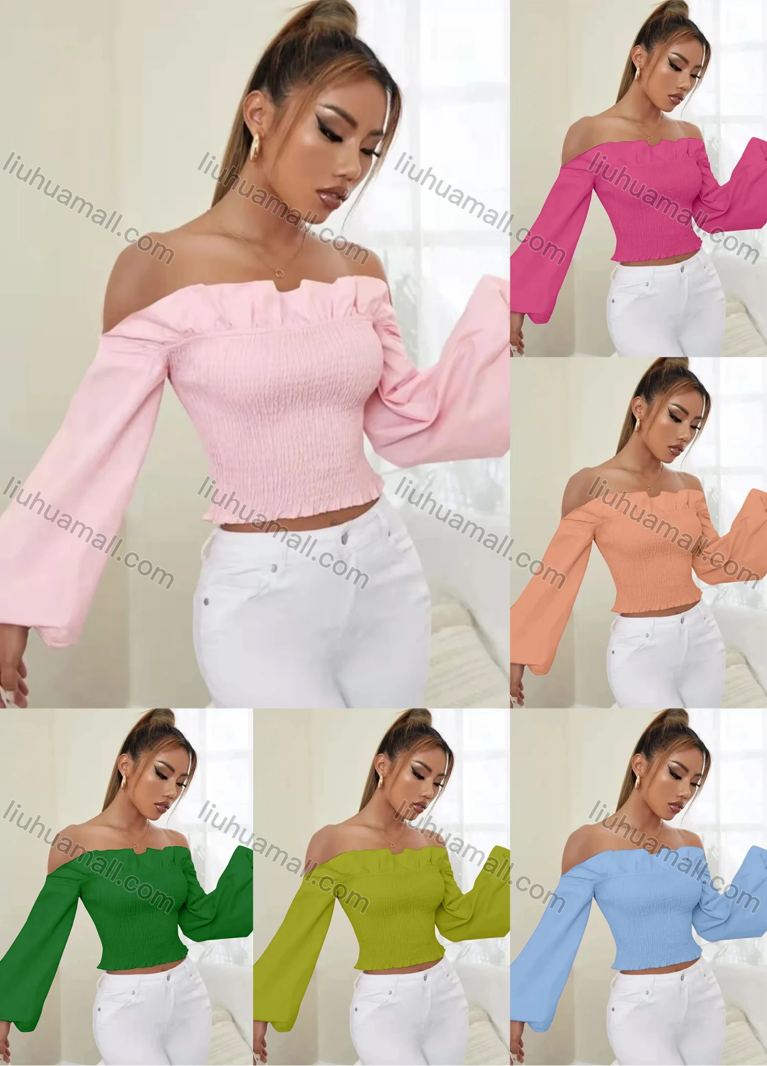 Wholesale Women's Off Shoulder Bishop Sleeve Ruffle Trim Shirred Plain Crop Blouse AY089# - Liuhuamall