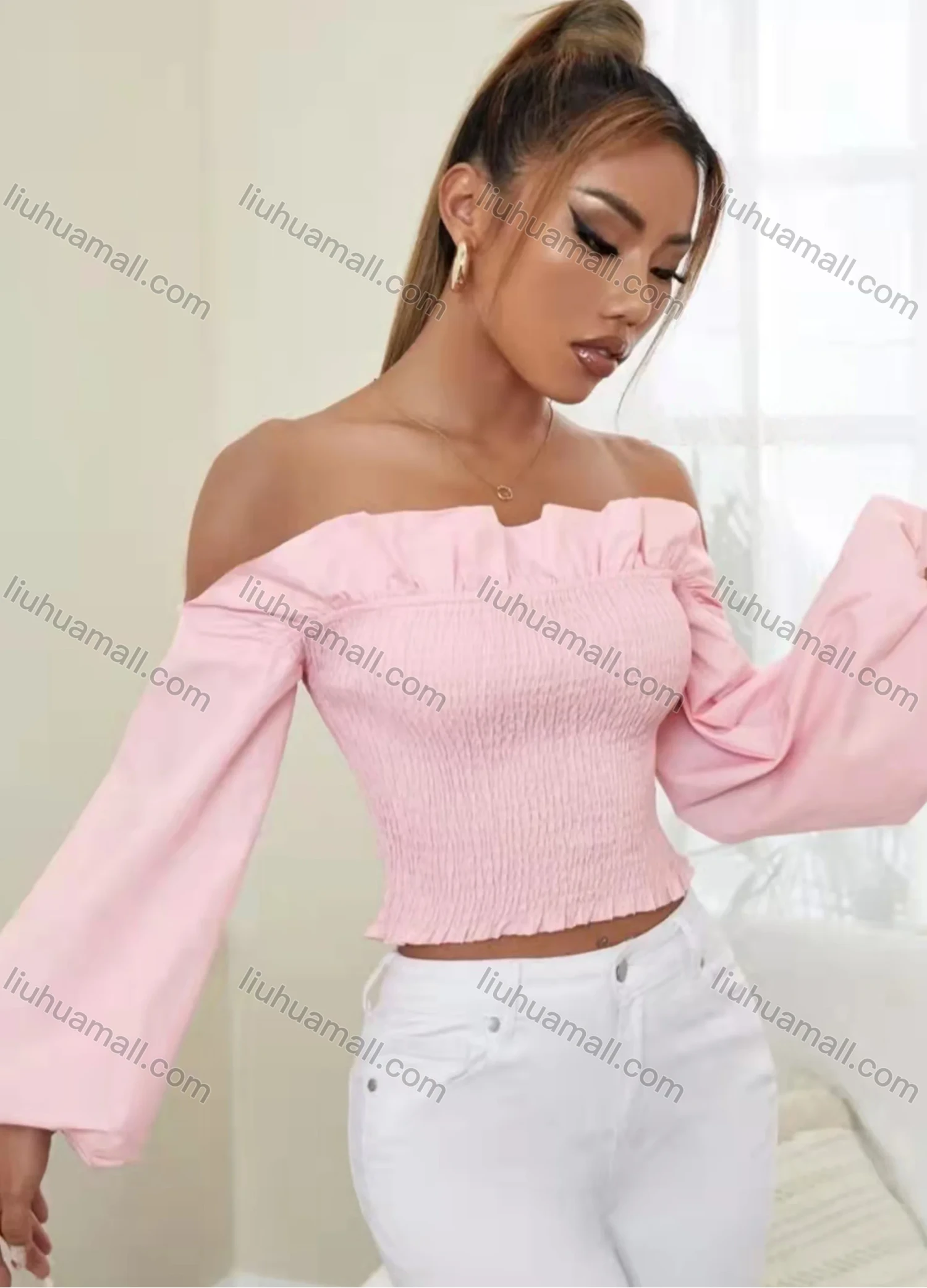 Wholesale Women's Off Shoulder Bishop Sleeve Ruffle Trim Shirred Plain Crop Blouse AY089# - Liuhuamall