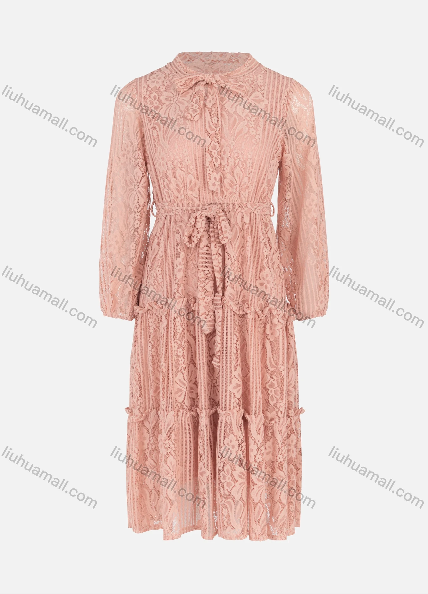 Wholesale Women's Elegant Long Sleeve Tie Front Ruffle Trim Guipure Lace Midi Dress With Belt - Liuhuamall