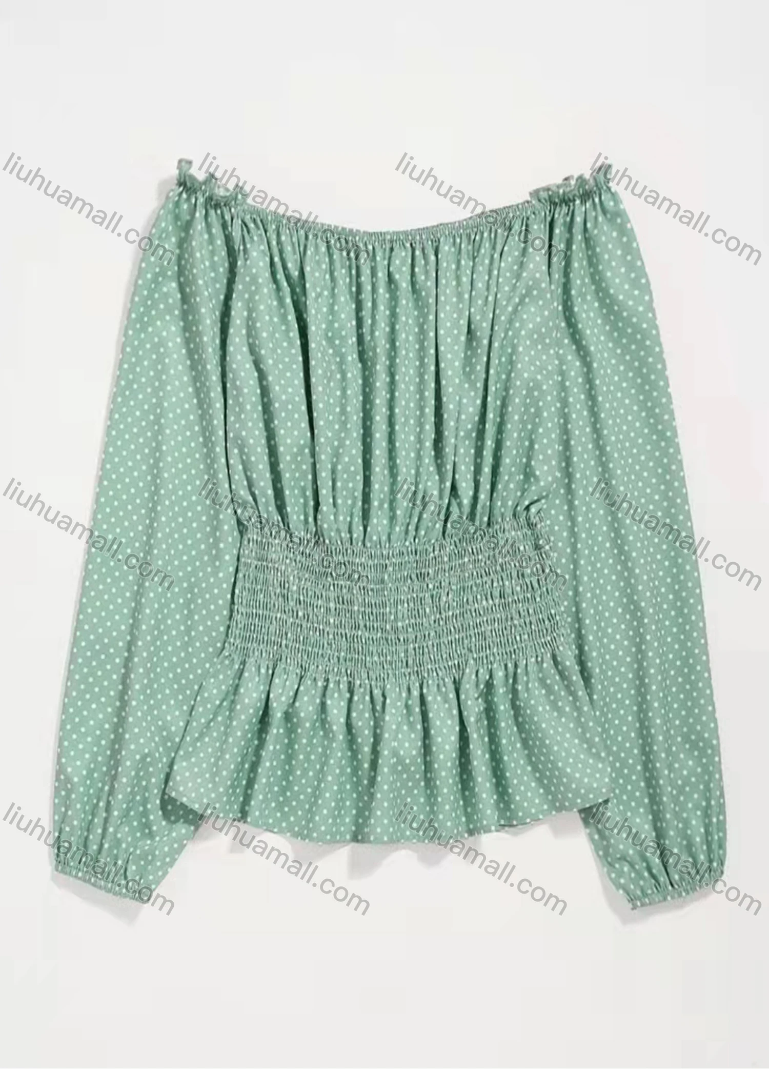 Wholesale Women's Off Shoulder Long Sleeve Polka Dot Ruched Shirred Trim Blouse AY091# - Liuhuamall