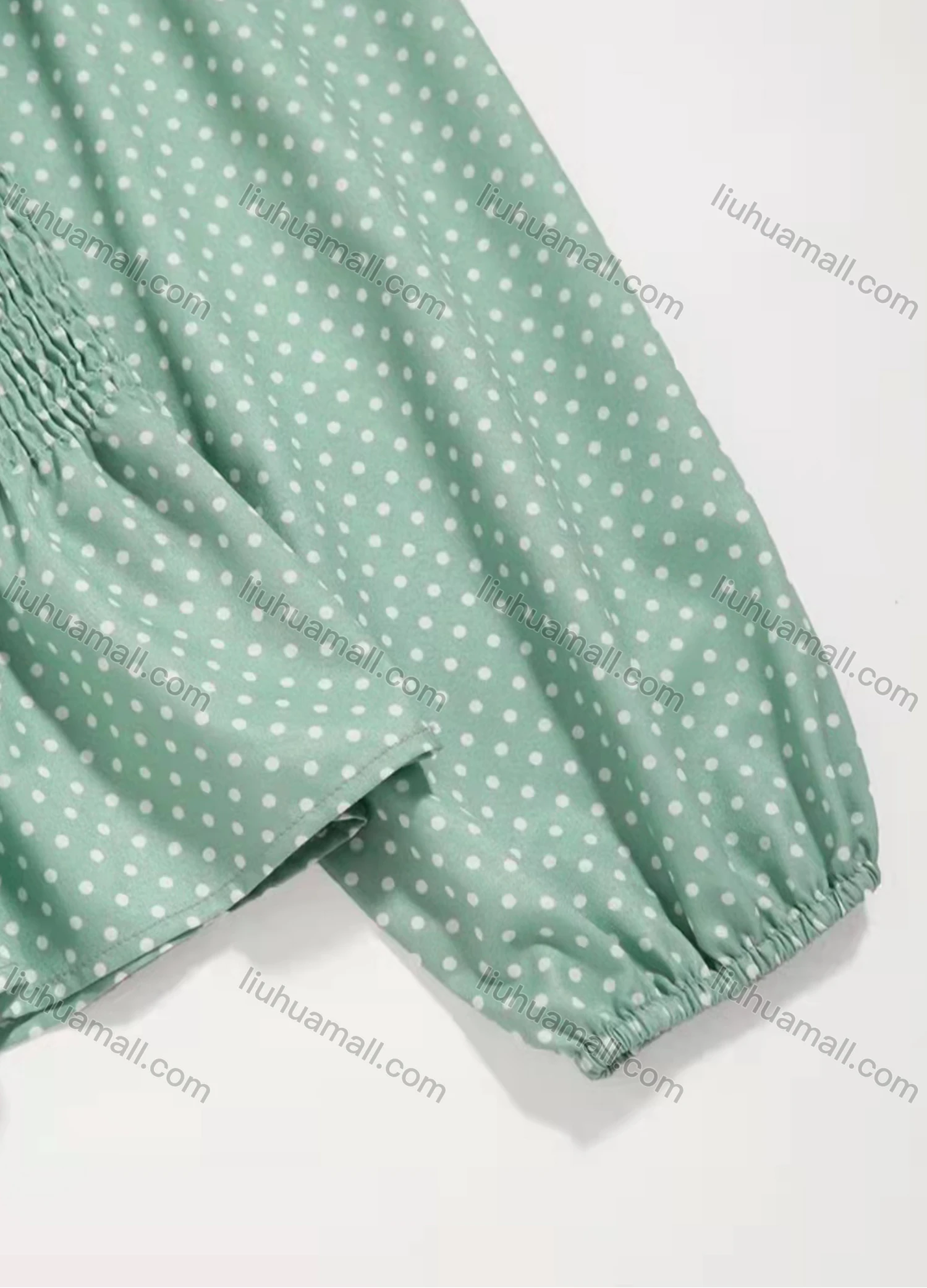 Wholesale Women's Off Shoulder Long Sleeve Polka Dot Ruched Shirred Trim Blouse AY091# - Liuhuamall
