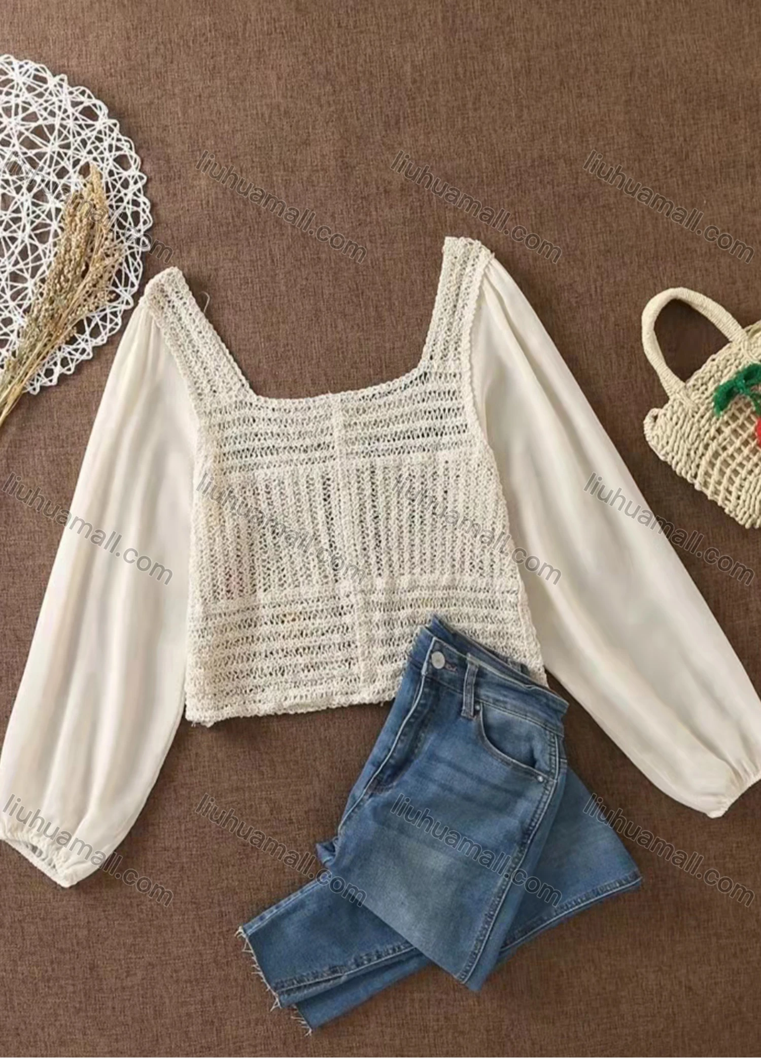 Wholesale Women's Square Neck Long Sleeve Floral Crochet Open Back Crop Blouse AY092# - Liuhuamall